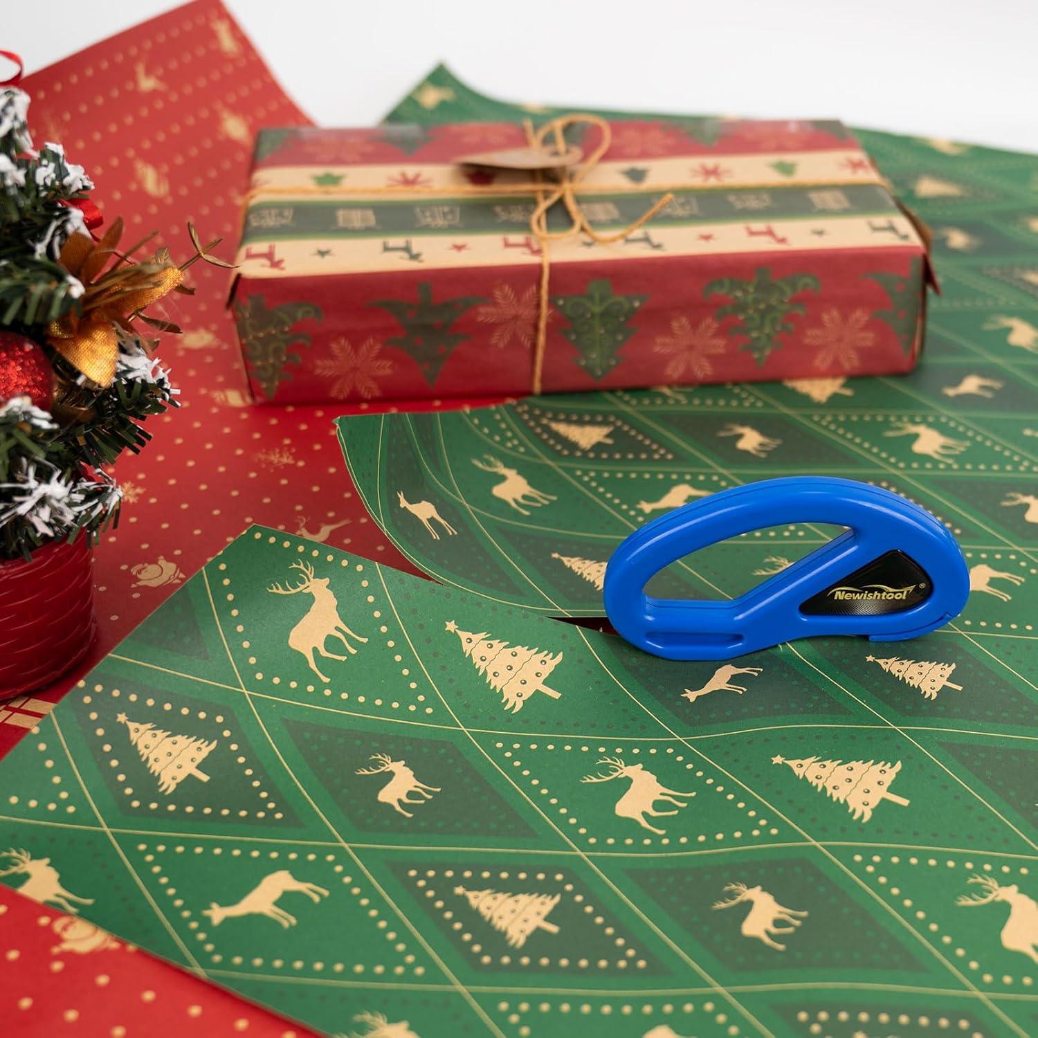 imageNEWISHTOOL 2 Pack Wrapping Paper Cutter Christmas Gift Wrap Cutter Wrapping Paper Cutter Sliding Knife Tool Holiday Gift Wrap Cutting Tool Snitty Safety Cutter with Concealed BladeBlue