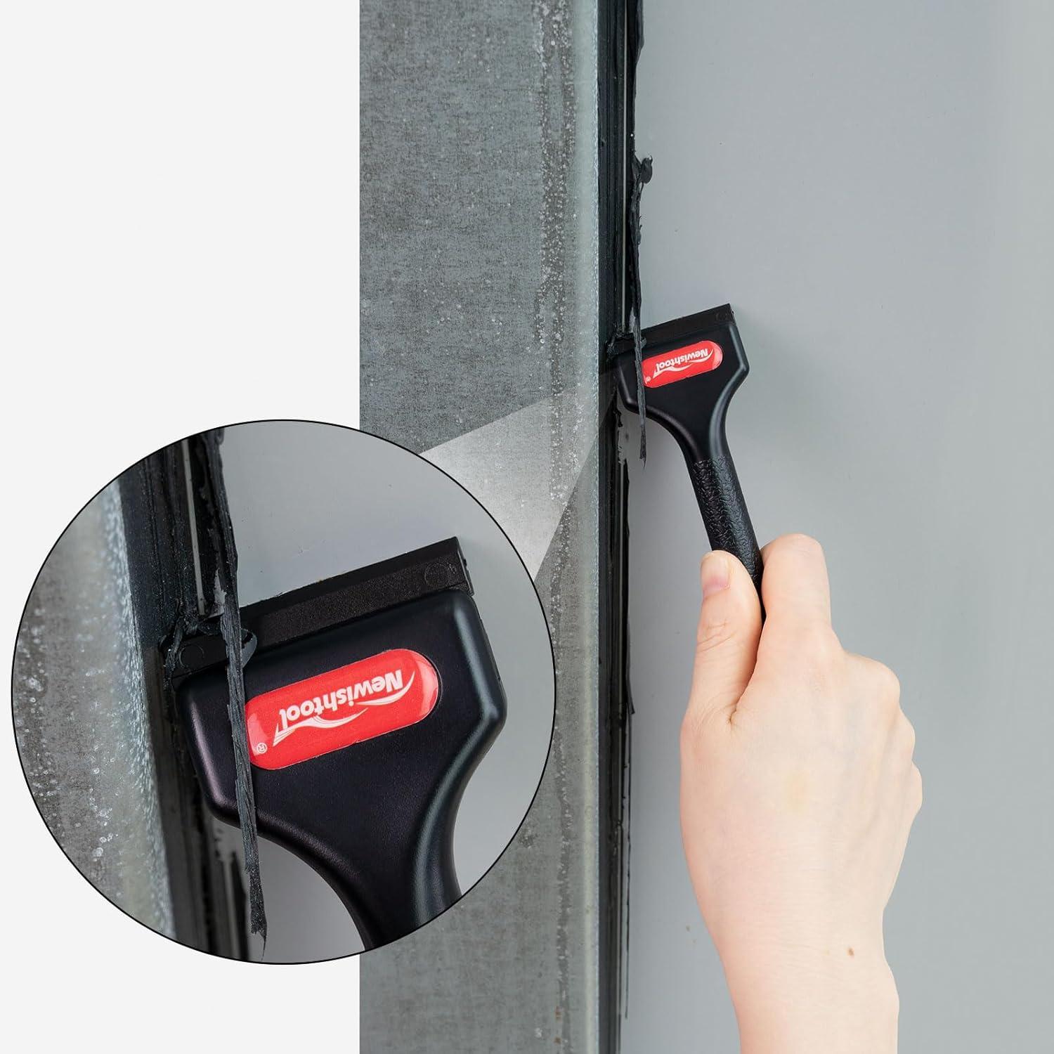 imageNEWISHTOOL 2 Pcs Long Handle Plastic Razor Blade Scraper With 100 PCS Spare Replacement Blades Sticker Remover Glue Residue Tool for Hard to Reach Corner