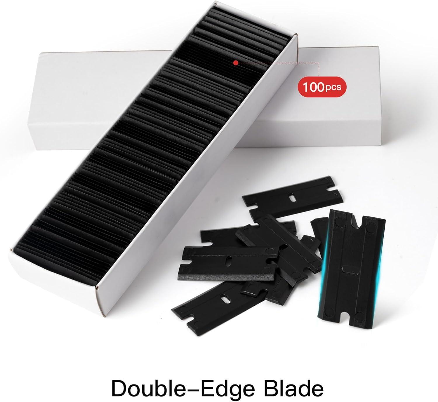 imageNEWISHTOOL 2 Pcs Long Handle Plastic Razor Blade Scraper With 100 PCS Spare Replacement Blades Sticker Remover Glue Residue Tool for Hard to Reach Corner