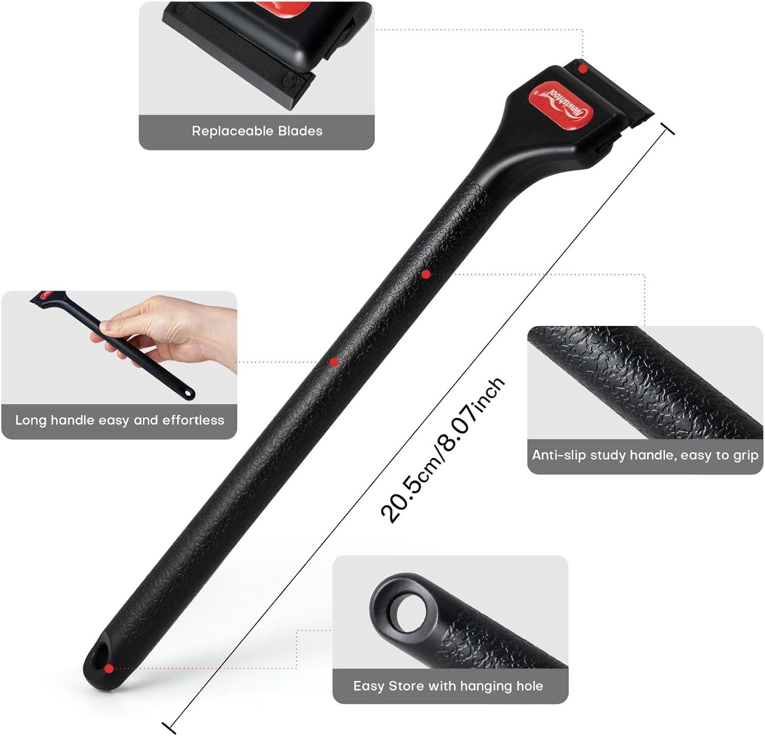 imageNEWISHTOOL 2 Pcs Long Handle Plastic Razor Blade Scraper With 100 PCS Spare Replacement Blades Sticker Remover Glue Residue Tool for Hard to Reach Corner