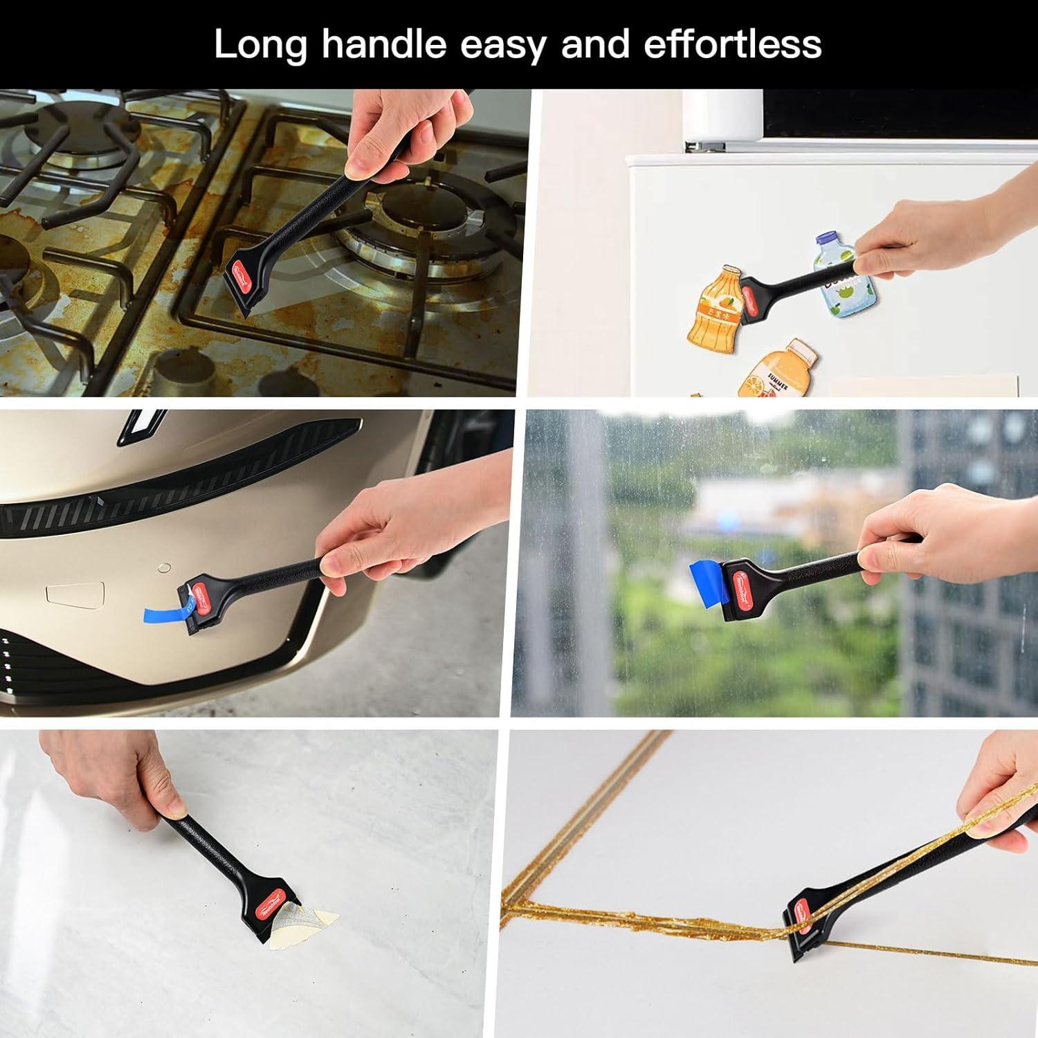 imageNEWISHTOOL 4 Pcs Long Handle Razor Blade Scraper with 100 PCS Plastic Blades and 100 PCS Metal Razor Blades Sticker Remover Glue Residue Scraper Tool Long Reach Razor Scraper for Hard to Reach Corner