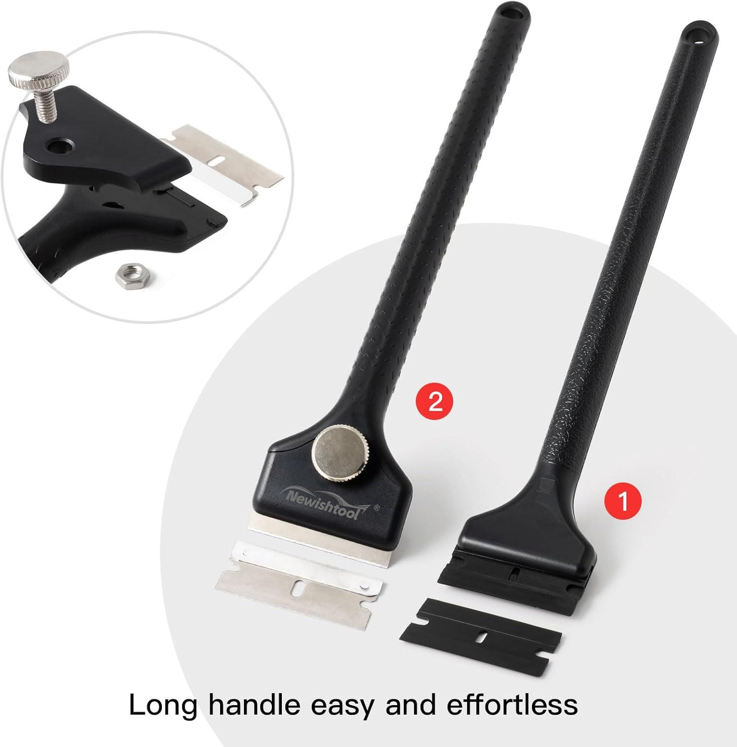 imageNEWISHTOOL 4 Pcs Long Handle Razor Blade Scraper with 100 PCS Plastic Blades and 100 PCS Metal Razor Blades Sticker Remover Glue Residue Scraper Tool Long Reach Razor Scraper for Hard to Reach Corner