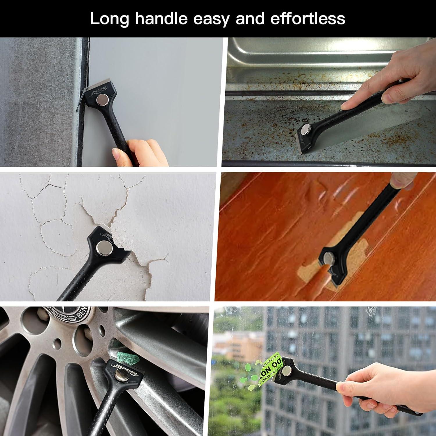 imageNEWISHTOOL 4 Pcs Long Handle Razor Blade Scraper with 100 PCS Plastic Blades and 100 PCS Metal Razor Blades Sticker Remover Glue Residue Scraper Tool Long Reach Razor Scraper for Hard to Reach Corner