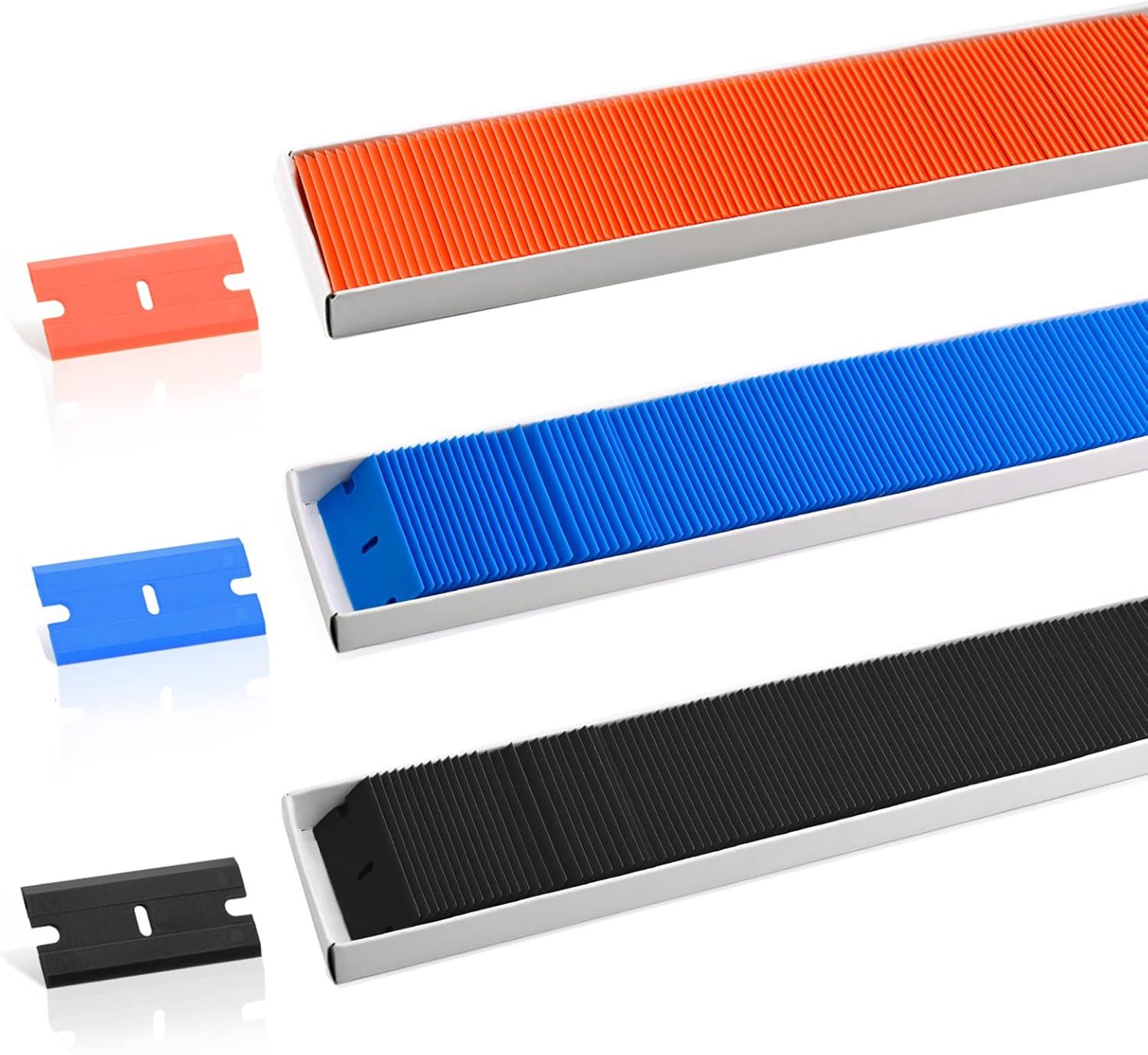 imageNEWISHTOOL Black Plastic Razor Blades 300 PCS Double Edged Replacement for Scraper and Safety Glass Use  15 Inch for Removing Label Decal ampamp AdhesiveOrangeblackblue