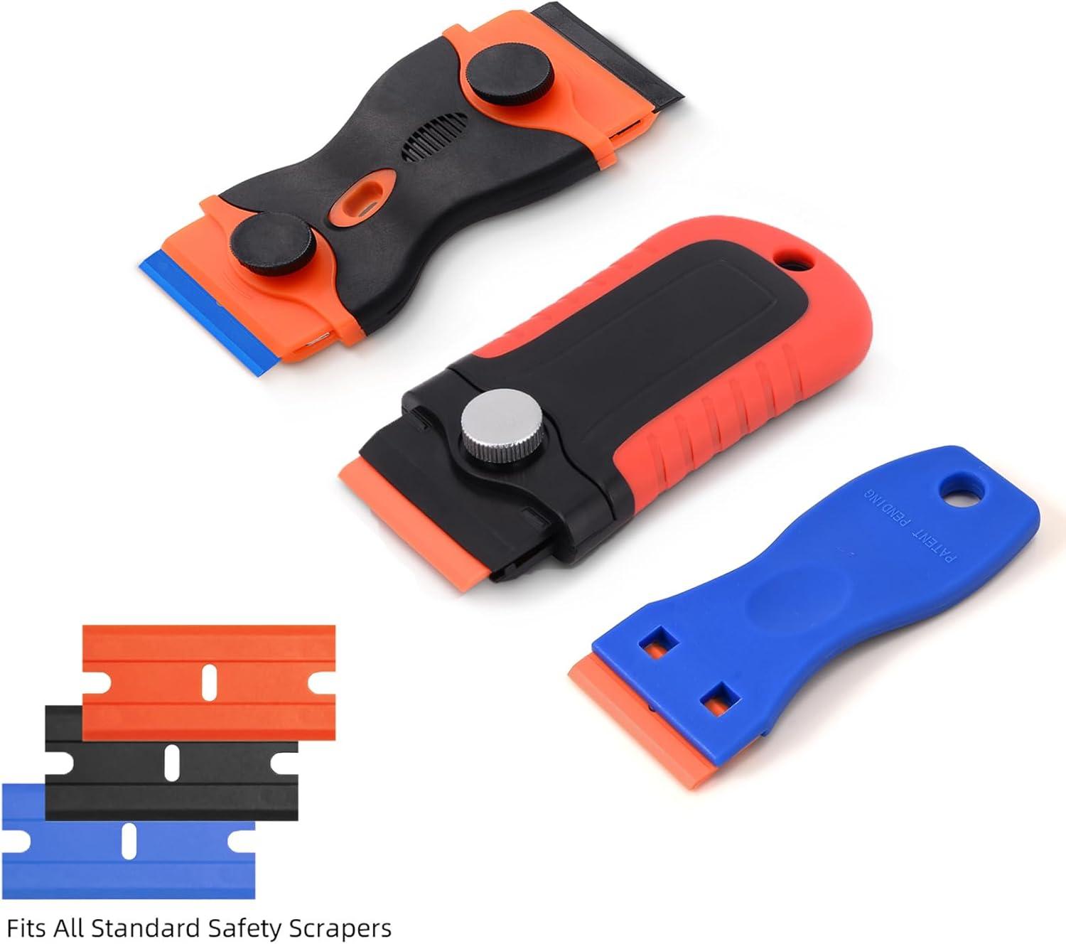 imageNEWISHTOOL Black Plastic Razor Blades 300 PCS Double Edged Replacement for Scraper and Safety Glass Use  15 Inch for Removing Label Decal ampamp AdhesiveOrangeblackblue