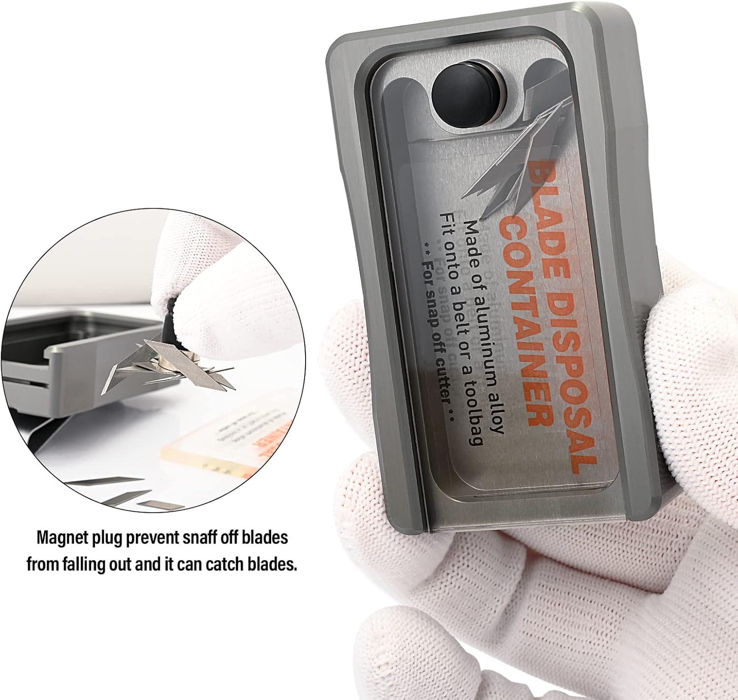 imageNEWISHTOOL Blade Disposal Container Storage Box Safety to Dispose of Most 9mm 18mm Snap Off Utility Knife Blades Portable Plastic Blades Breaker Bank with Magnet and ClipAluminum Alloy