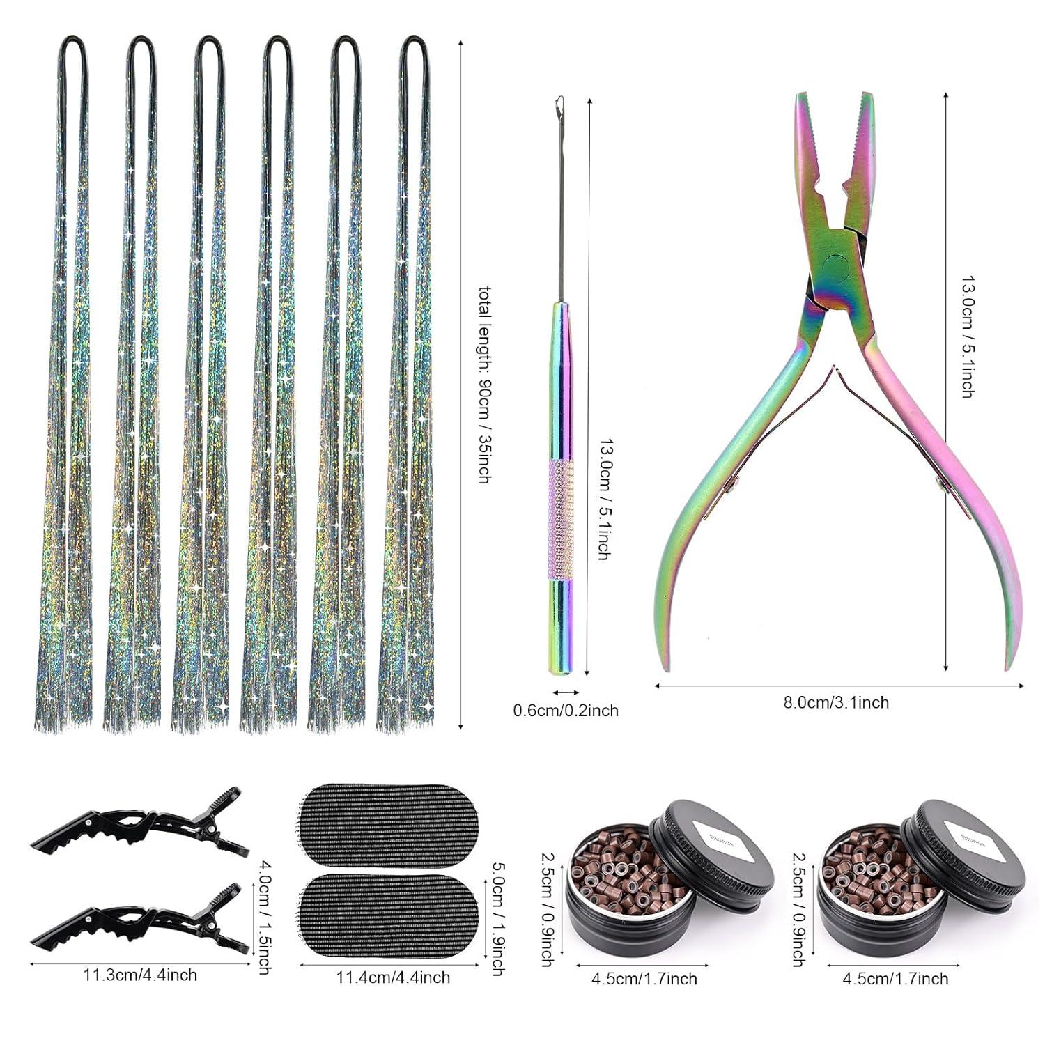 imageNEWISHTOOL Hair Extension Tinsel with Tool Glitter Silver Color 1200 Strands Hair Extension Tinsel Kit Hair Extensions Tool Kit for Women Girls Christmas New Year Halloween Cosplay Party Hair Styling