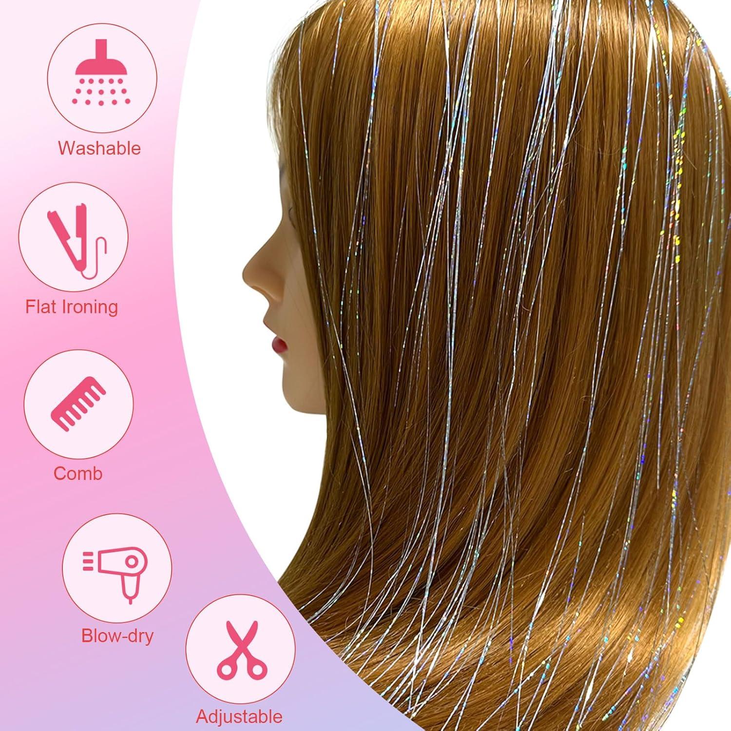 imageNEWISHTOOL Hair Extension Tinsel with Tool Glitter Silver Color 1200 Strands Hair Extension Tinsel Kit Hair Extensions Tool Kit for Women Girls Christmas New Year Halloween Cosplay Party Hair Styling