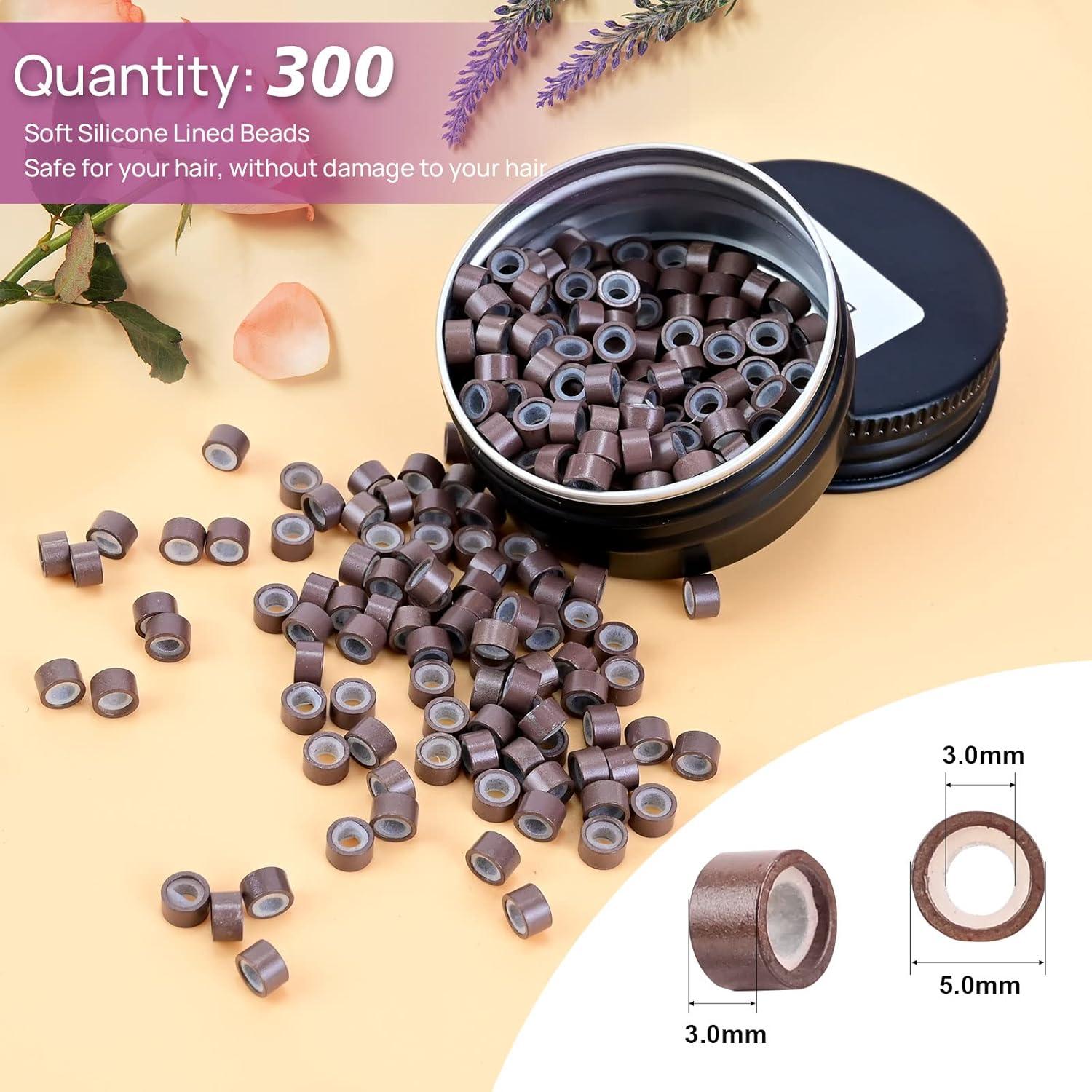 imageNEWISHTOOL Hair Extension Tool Kit Micro Links Beading Pliers Loop Pulling Hook Threader Bead Device Tool and 300 PCS Silicone Beads Hair Styling Accessories Micro Rings Feather Extension Tools