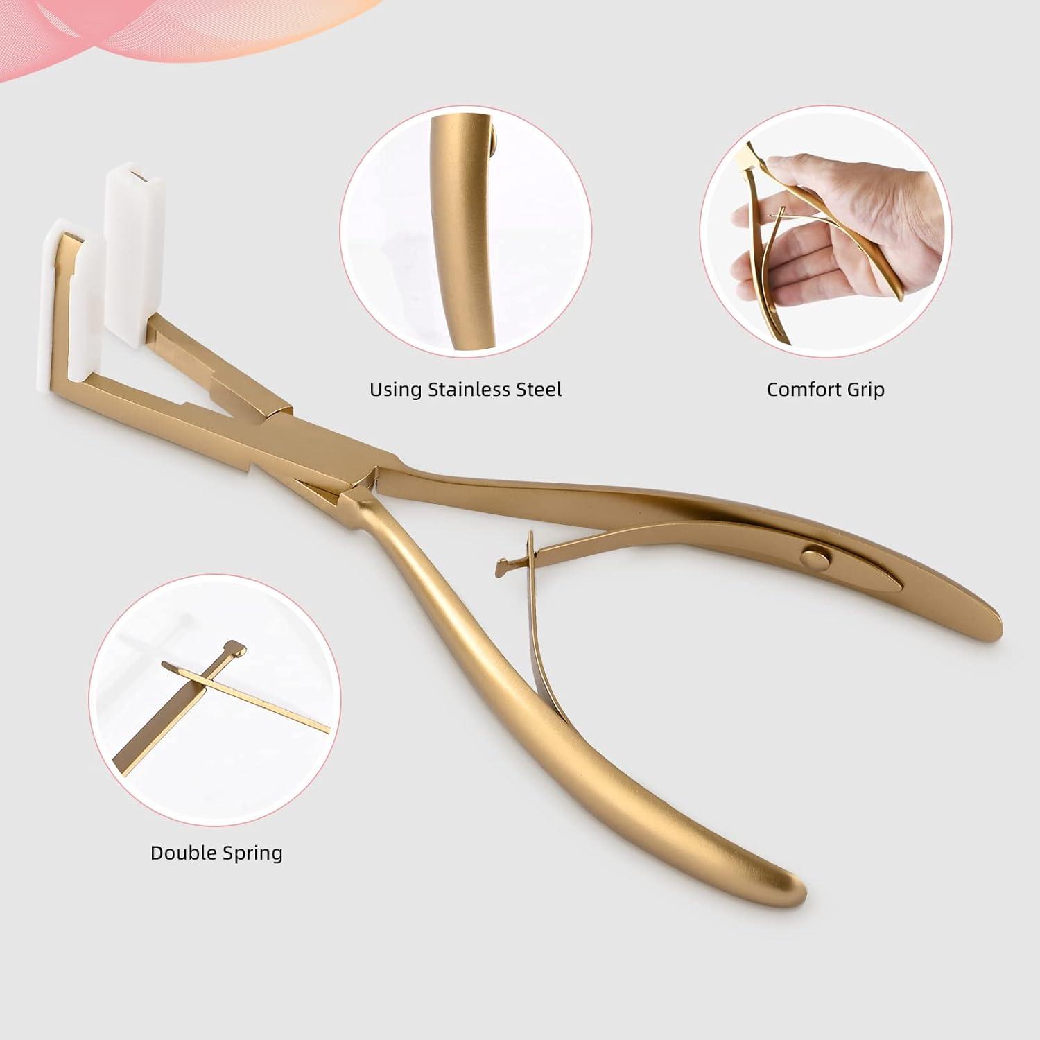 imageNEWISHTOOL Hair Extension Tools Kit Tape in Plier ampamp Comb Tool Stainless Steel Sealing Pliers Flat Surface Hair Extension Tool Human Hair Extensions Styling Hair Pliers Tool Tape Clamping Pliers KitGold 2