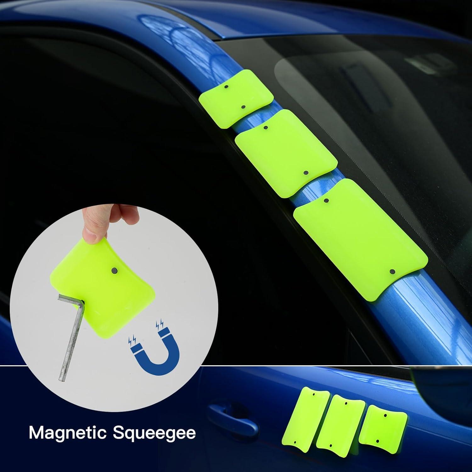 imageNEWISHTOOL Magnetic PPF Squeegee for Vinyl 3 PCS Different Sizes VBlade TPU Rubber Scraper Packed in Box Auto Glass Window Tint Squeegee PPF Installing Tools Water Removal BladeNeon Green