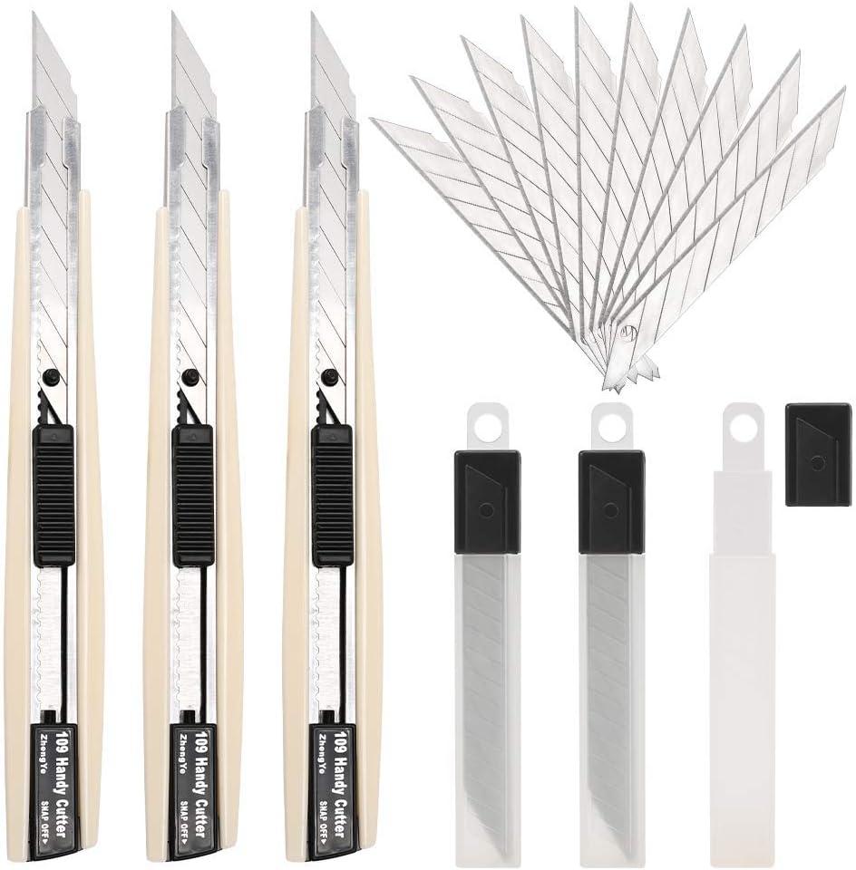 imageNEWISHTOOL Retractable Utility Knife with 30 Degree Snap Off Blade 3 PCS 9mm Box Cutter Knives and 30 PCS Extra Blades Cartons Cardboard Vinyl Paper Cutting Craft Knife Comfortable Handle