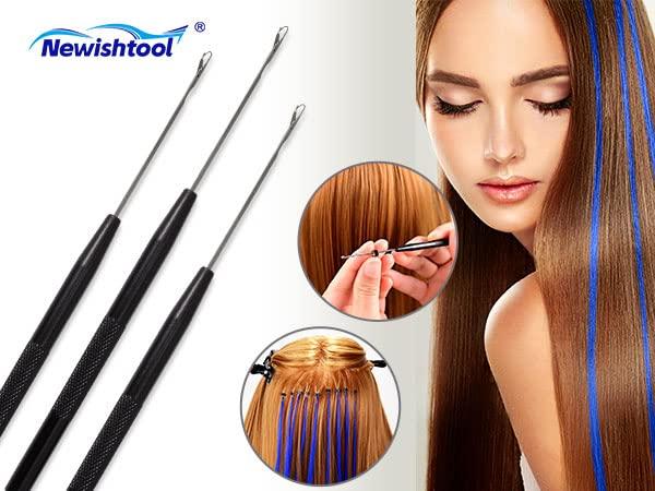 imageNEWISHTOOL Stainless Steel Hair Extension Loop Needle Threader Wire Pulling Hook Tool and Bead Device Tool Micro Link Tool Loop Threader for Hair Silicone Beads Feather Extensions Supplies Pack 3Black