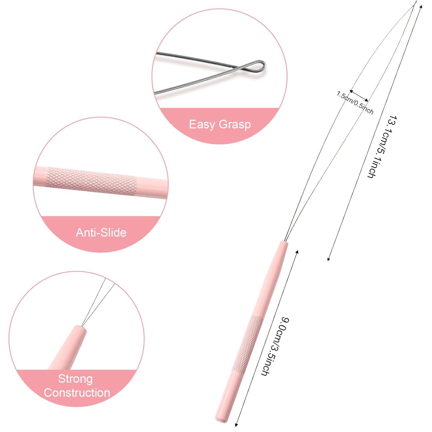 imageNEWISHTOOL Stainless Steel Hair Extension Loop Needle Threader Wire Pulling Hook Tool and Bead Device Tool Micro Link Tool Loop Threader for Hair Silicone Beads Feather Extensions Supplies Pack 3Pink