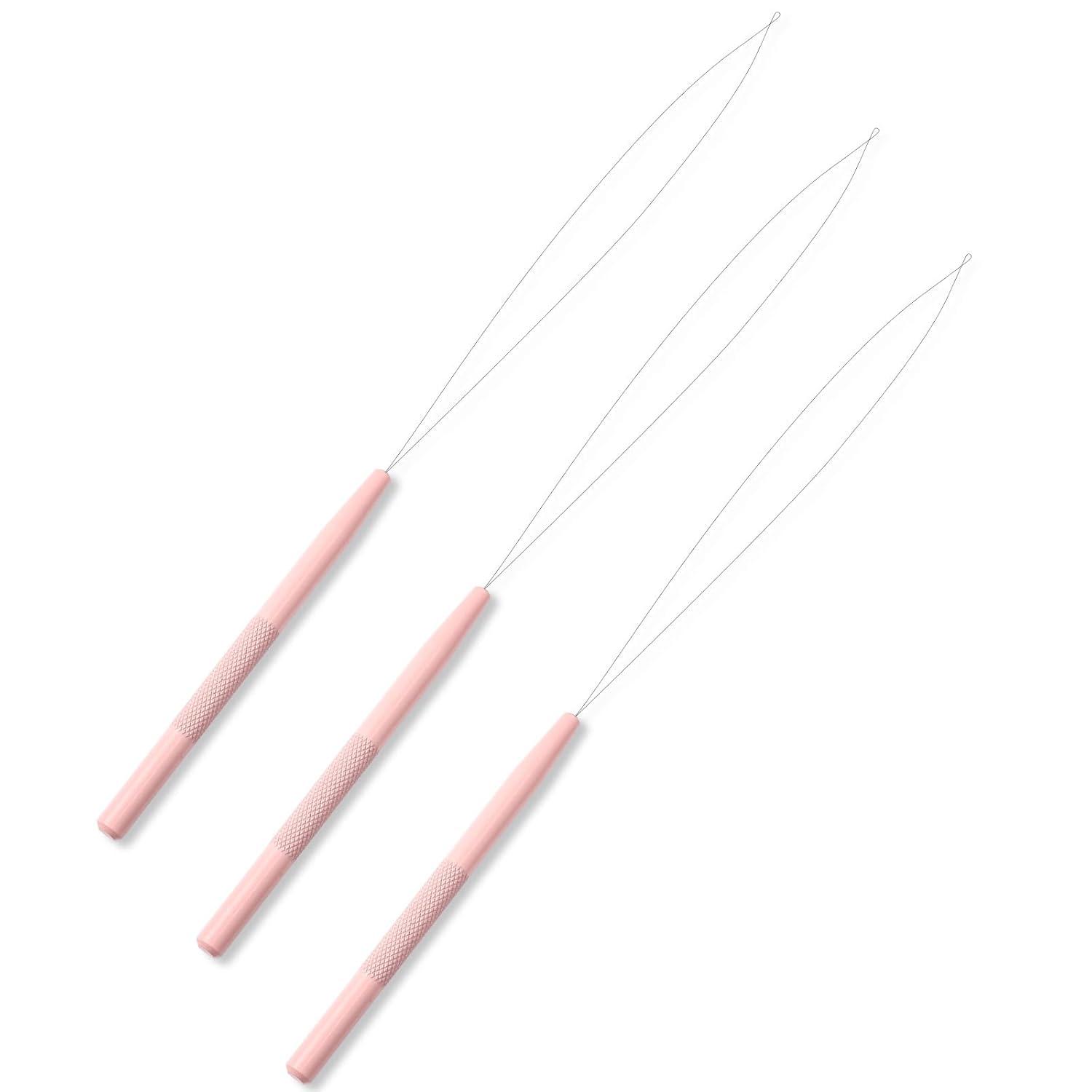 imageNEWISHTOOL Stainless Steel Hair Extension Loop Needle Threader Wire Pulling Hook Tool and Bead Device Tool Micro Link Tool Loop Threader for Hair Silicone Beads Feather Extensions Supplies Pack 3Pink