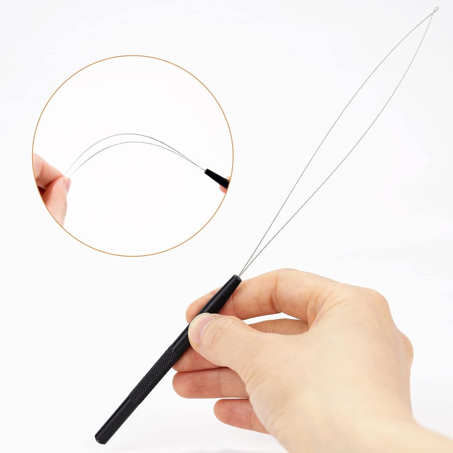 imageNEWISHTOOL Stainless Steel Hair Extension Loop Needle Threader Wire Pulling Hook Tool and Bead Device Tool Micro Link Tool Loop Threader for Hair Silicone Beads Feather Extensions Supplies Pack 3Black