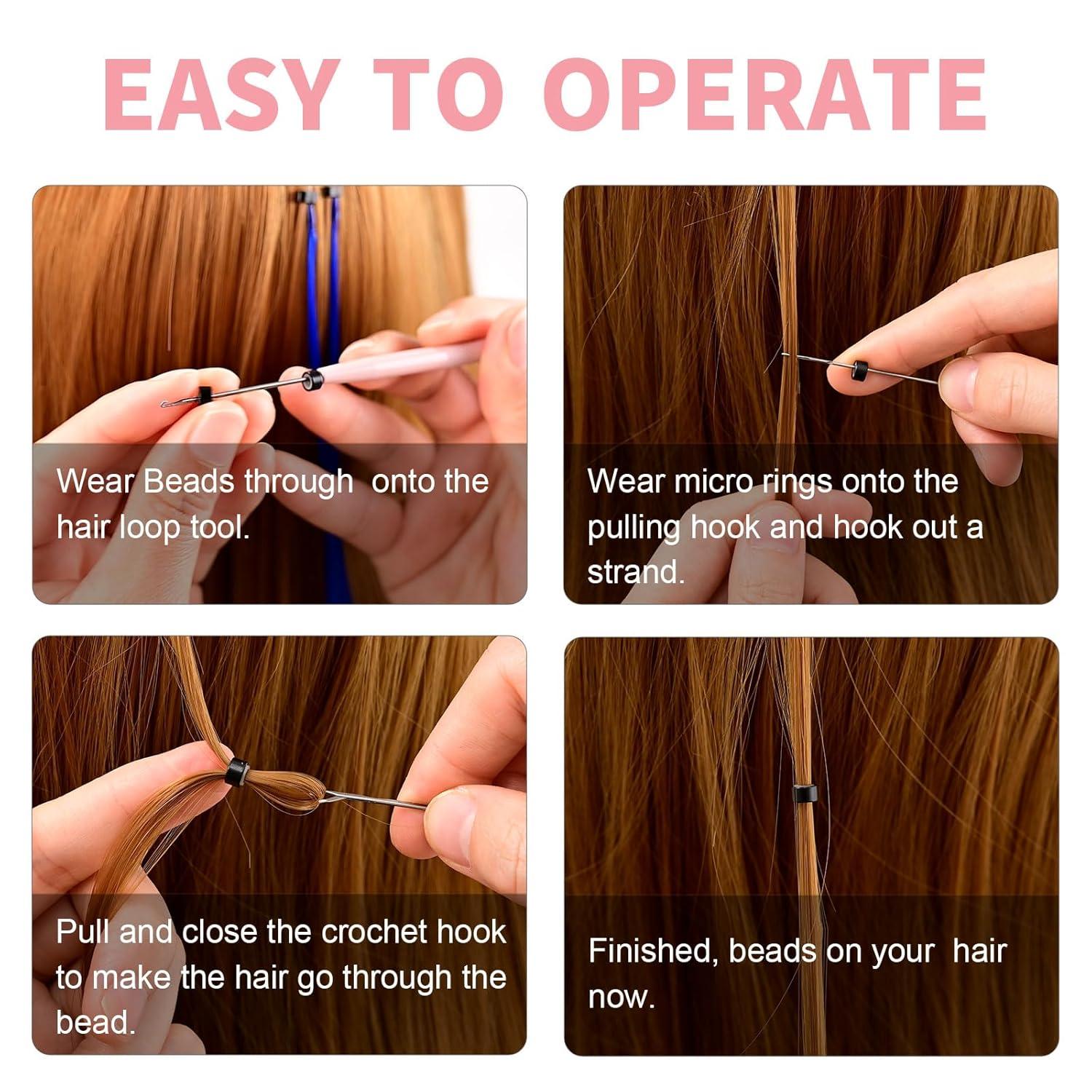 imageNEWISHTOOL Stainless Steel Hair Extension Loop Needle Threader Wire Pulling Hook Tool and Bead Device Tool Micro Link Tool Loop Threader for Hair Silicone Beads Feather Extensions Supplies Pack 3Pink