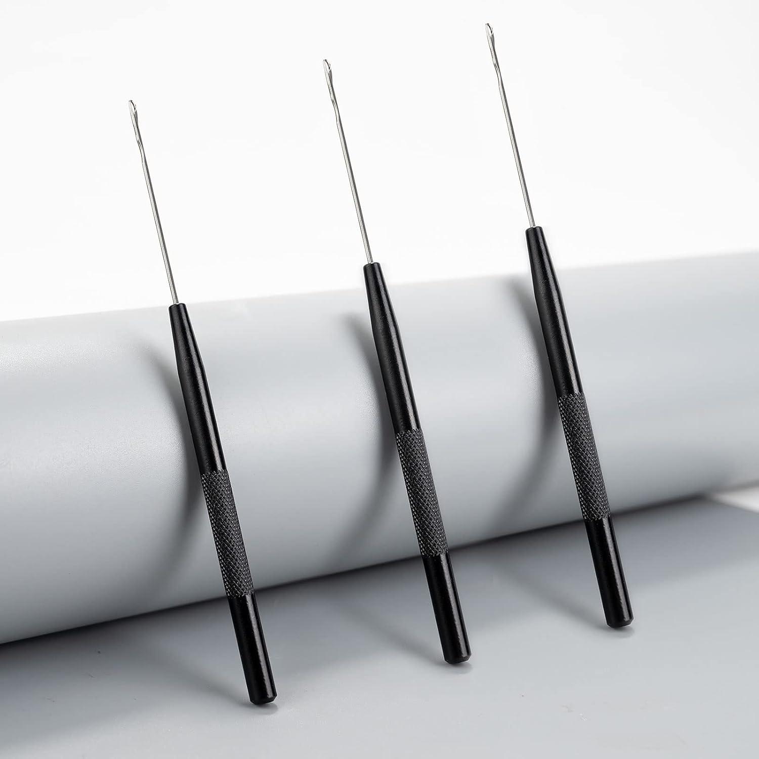 imageNEWISHTOOL Stainless Steel Hair Extension Loop Needle Threader Wire Pulling Hook Tool and Bead Device Tool Micro Link Tool Loop Threader for Hair Silicone Beads Feather Extensions Supplies Pack 3Black