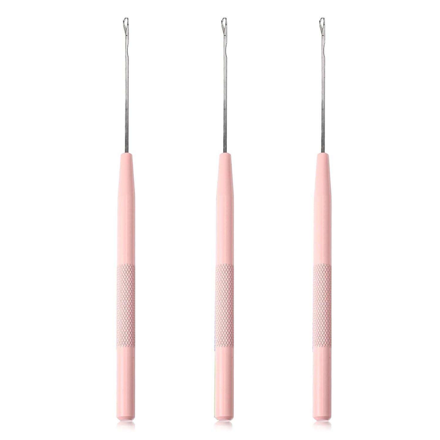 imageNEWISHTOOL Stainless Steel Hair Extension Loop Needle Threader Wire Pulling Hook Tool and Bead Device Tool Micro Link Tool Loop Threader for Hair Silicone Beads Feather Extensions Supplies Pack 3Pink