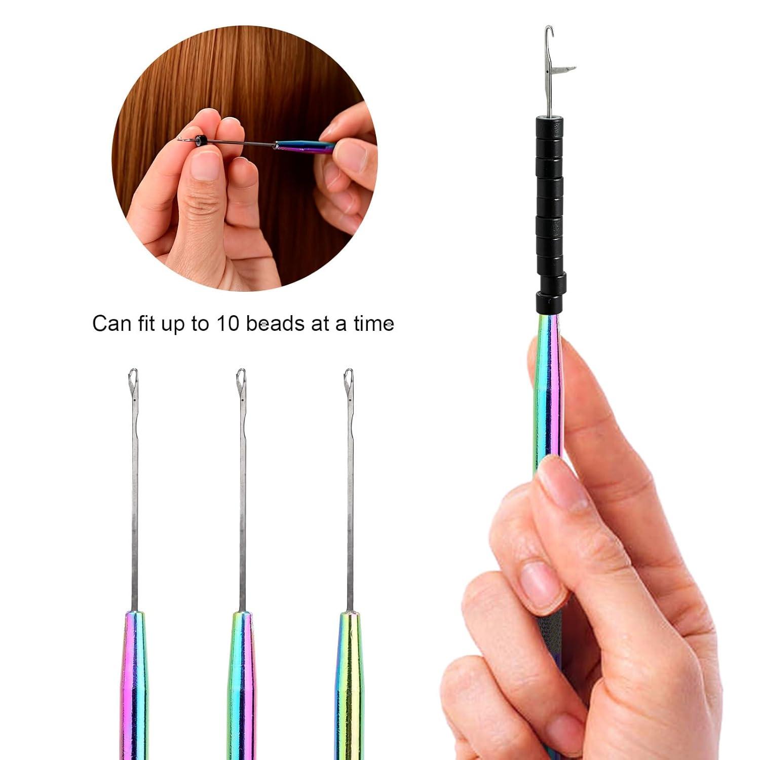 imageNEWISHTOOL Stainless Steel Hair Extension Loop Needle Threader Wire Pulling Hook Tool and Bead Device Tool Micro Link Tool Loop Threader for Hair Silicone Beads Feather Extensions Supplies Pack 3Rainbow