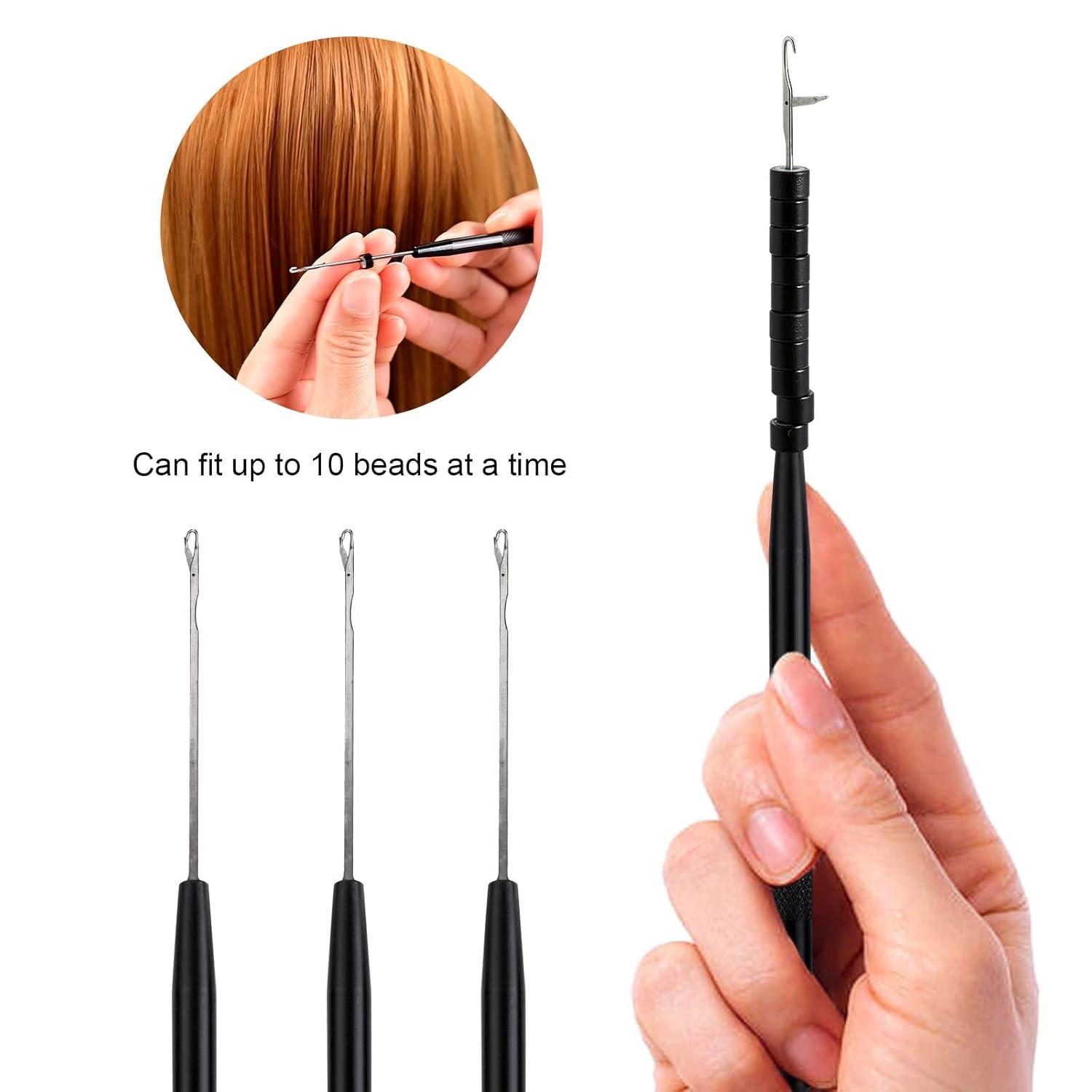 imageNEWISHTOOL Stainless Steel Hair Extension Loop Needle Threader Wire Pulling Hook Tool and Bead Device Tool Micro Link Tool Loop Threader for Hair Silicone Beads Feather Extensions Supplies Pack 3Black