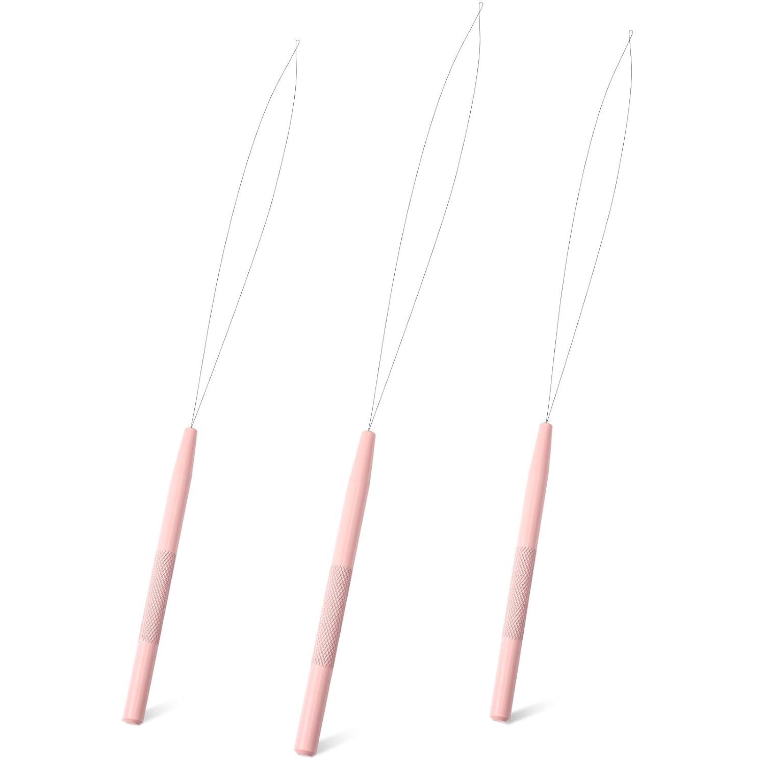 imageNEWISHTOOL Stainless Steel Hair Extension Loop Needle Threader Wire Pulling Hook Tool and Bead Device Tool Micro Link Tool Loop Threader for Hair Silicone Beads Feather Extensions Supplies Pack 3Pink