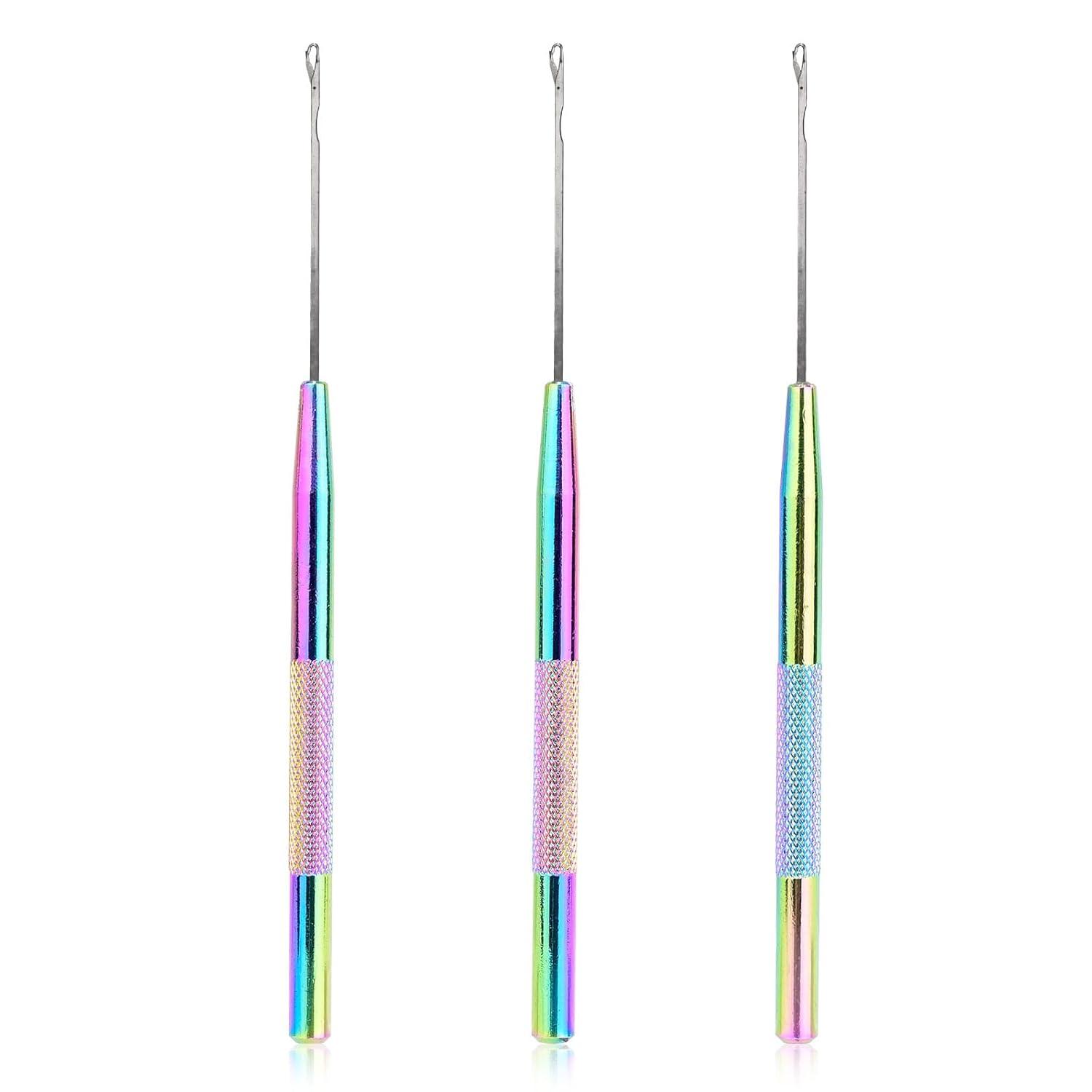 imageNEWISHTOOL Stainless Steel Hair Extension Loop Needle Threader Wire Pulling Hook Tool and Bead Device Tool Micro Link Tool Loop Threader for Hair Silicone Beads Feather Extensions Supplies Pack 3Rainbow