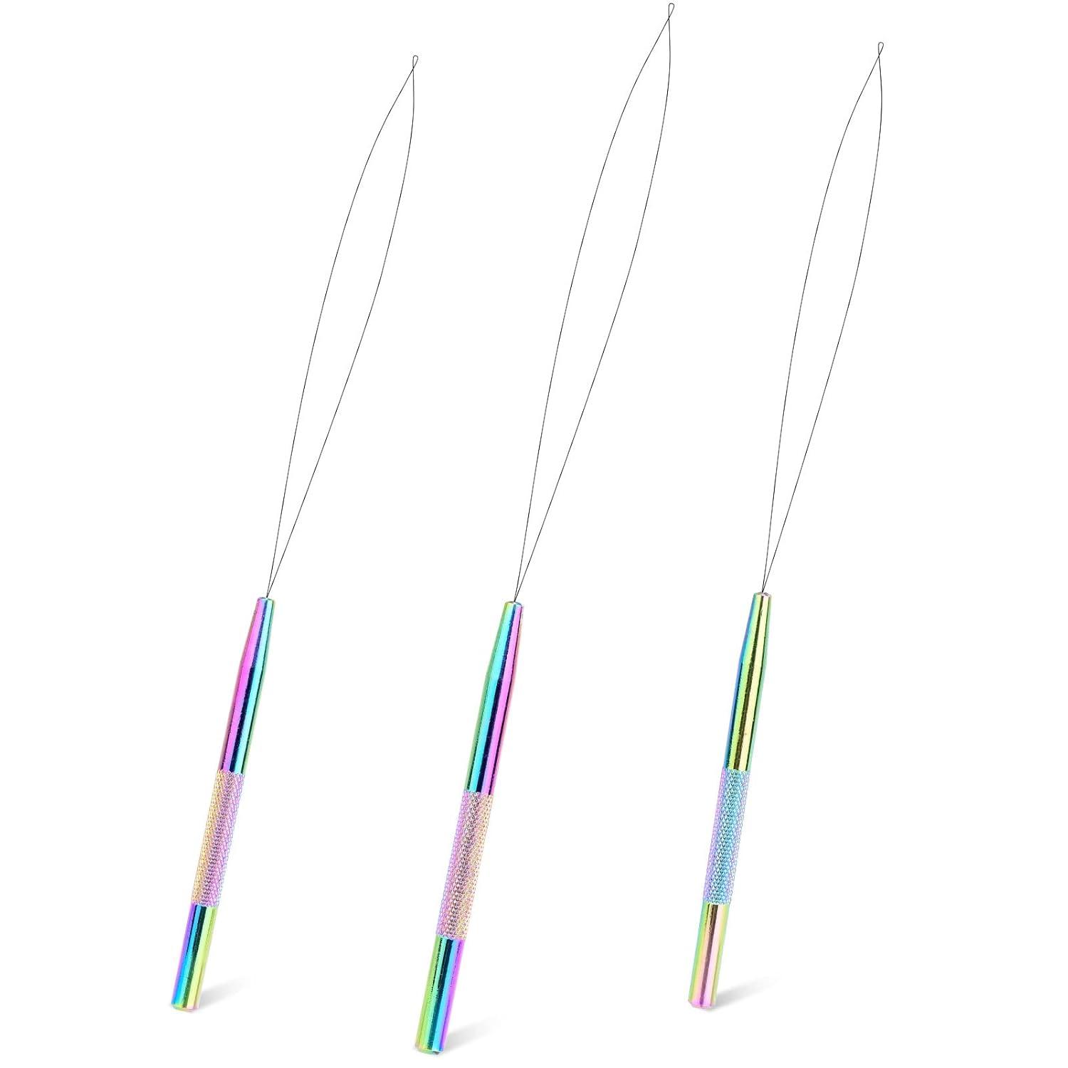 imageNEWISHTOOL Stainless Steel Hair Extension Loop Needle Threader Wire Pulling Hook Tool and Bead Device Tool Micro Link Tool Loop Threader for Hair Silicone Beads Feather Extensions Supplies Pack 3Rainbow