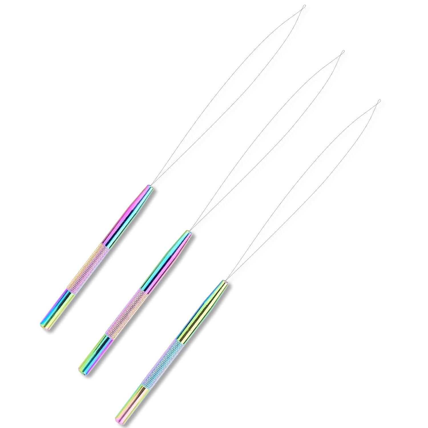 imageNEWISHTOOL Stainless Steel Hair Extension Loop Needle Threader Wire Pulling Hook Tool and Bead Device Tool Micro Link Tool Loop Threader for Hair Silicone Beads Feather Extensions Supplies Pack 3Rainbow