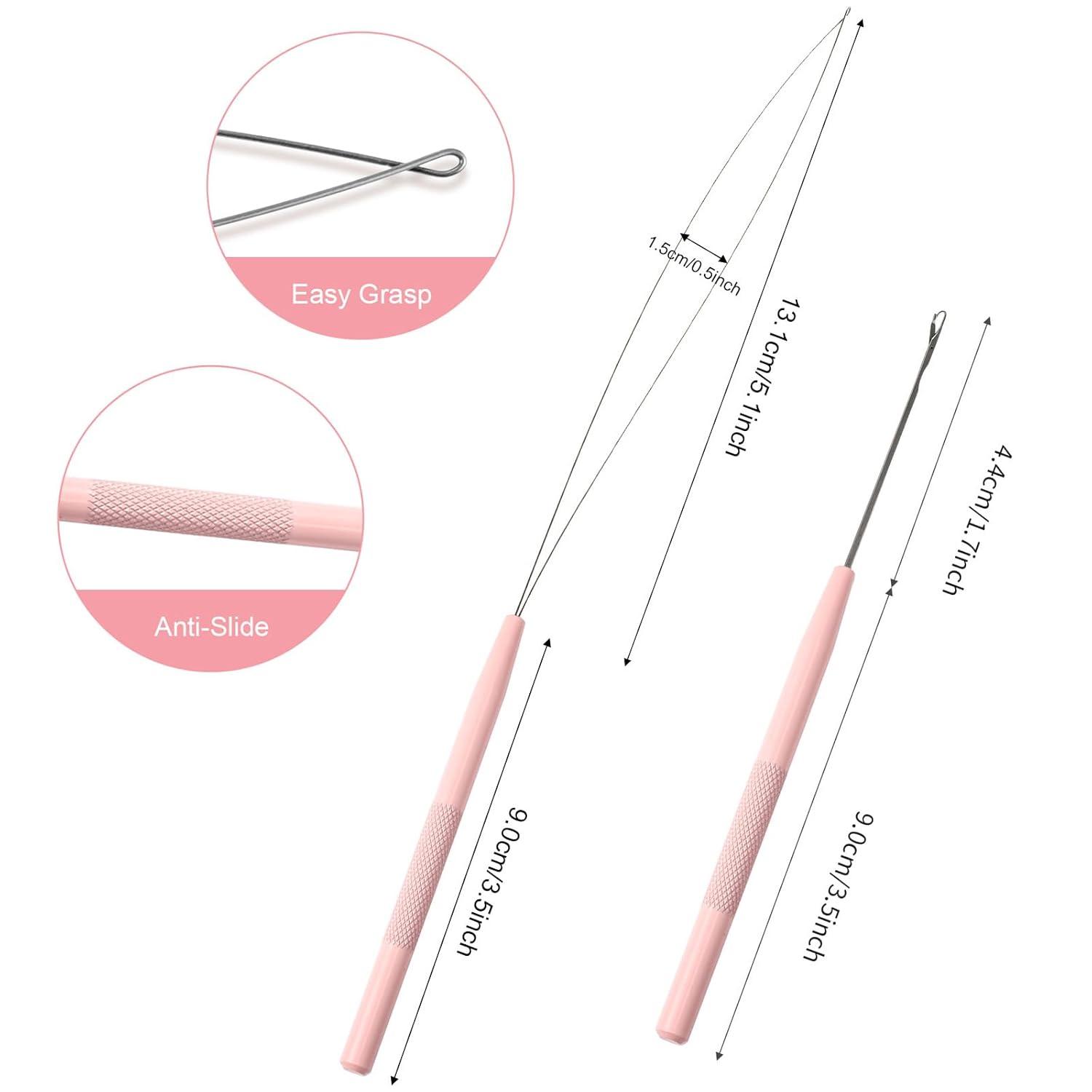 imageNEWISHTOOL Stainless Steel Hair Extension Tool Kit Loop Needle Pulling Hook and Threader Wire Beads Device for Hair Micro Links Hair Kit for Silicone Beads Feathers Hair Extension StylingPink