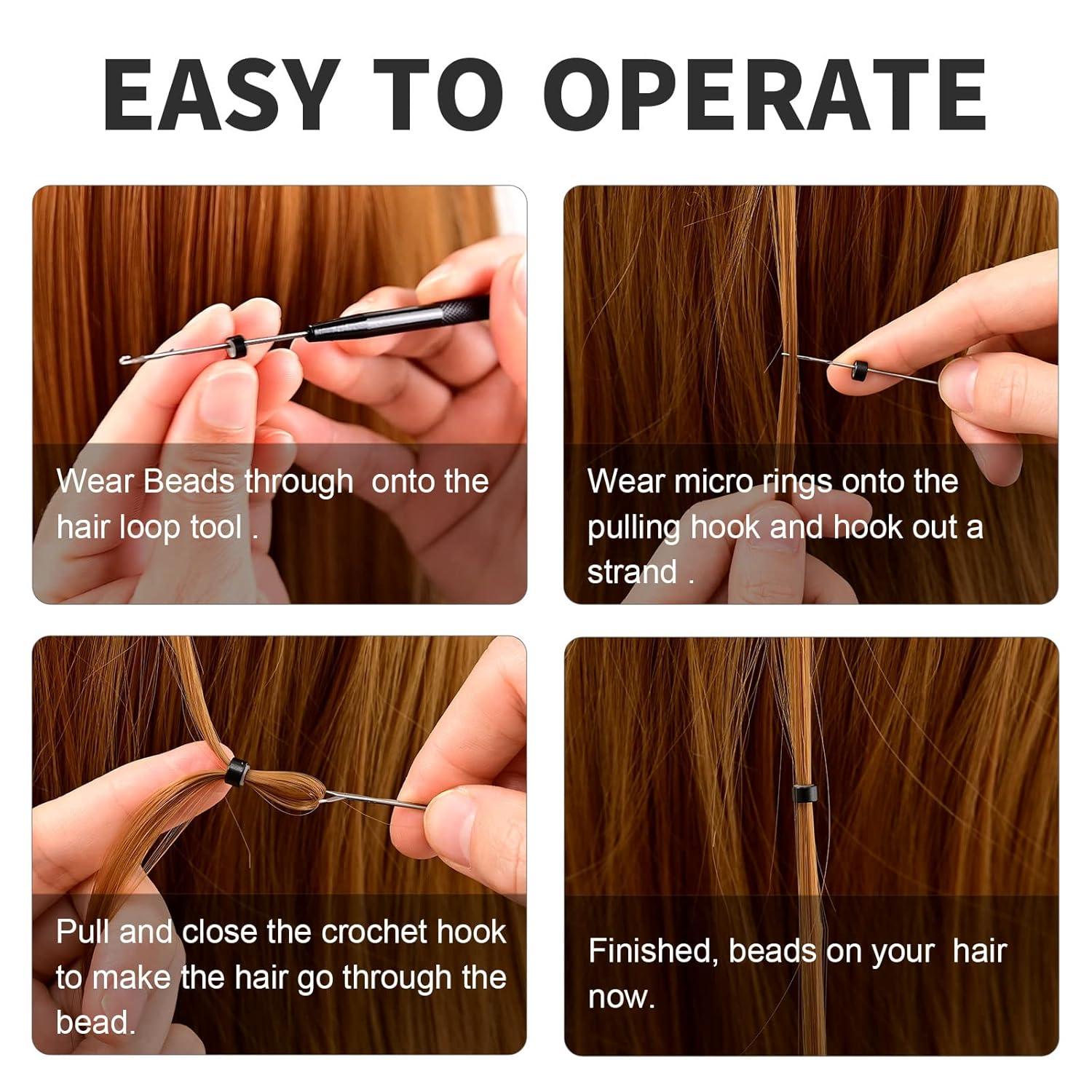 imageNEWISHTOOL Stainless Steel Hair Extension Tool Kit Loop Needle Pulling Hook and Threader Wire Beads Device for Hair Micro Links Hair Kit for Silicone Beads Feathers Hair Extension StylingBlack