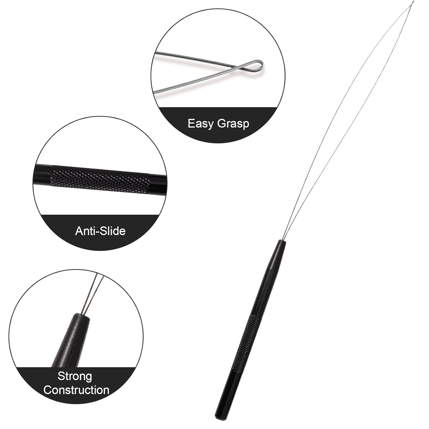 imageNEWISHTOOL Stainless Steel Hair Extension Tool Kit Loop Needle Pulling Hook and Threader Wire Beads Device for Hair Micro Links Hair Kit for Silicone Beads Feathers Hair Extension StylingBlack