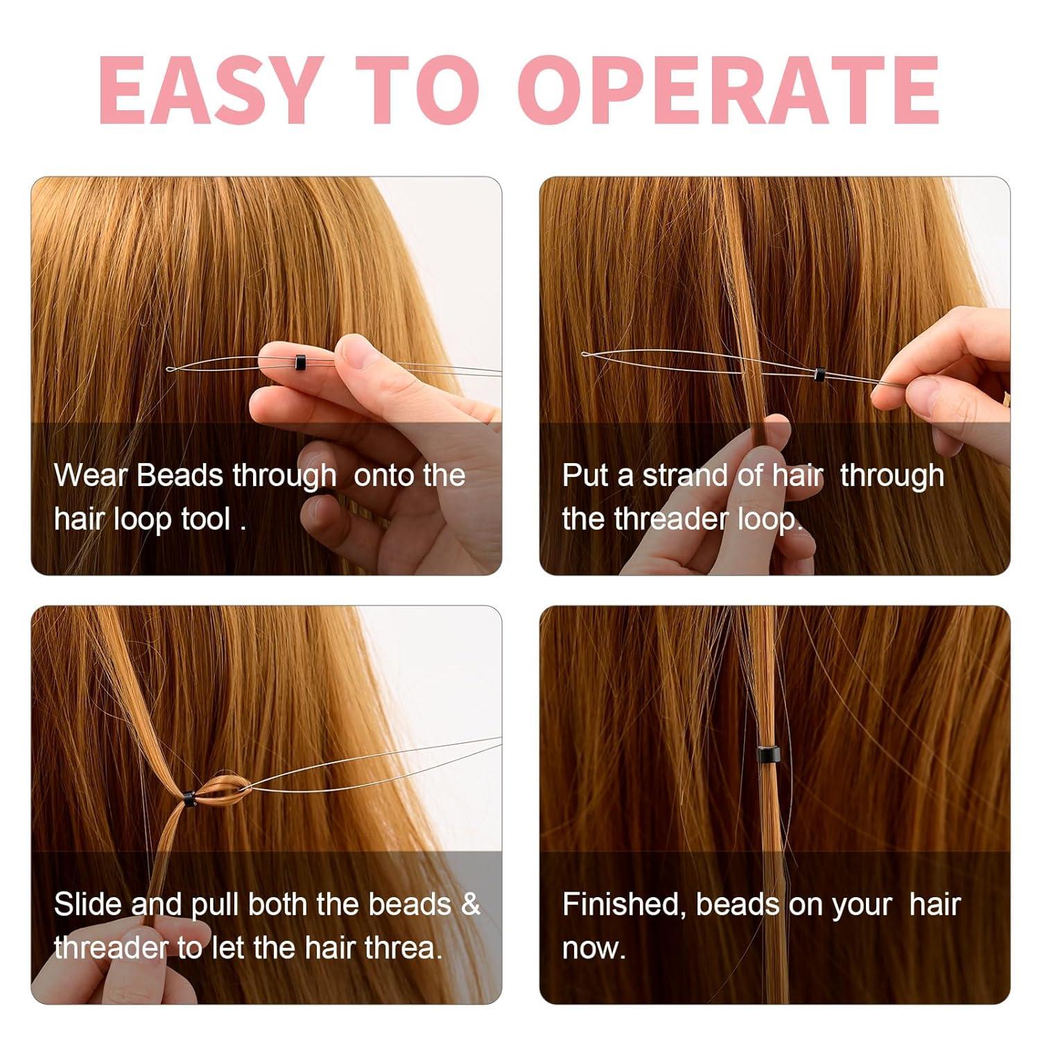 imageNEWISHTOOL Stainless Steel Hair Extension Tool Kit Loop Needle Pulling Hook and Threader Wire Beads Device for Hair Micro Links Hair Kit for Silicone Beads Feathers Hair Extension StylingPink