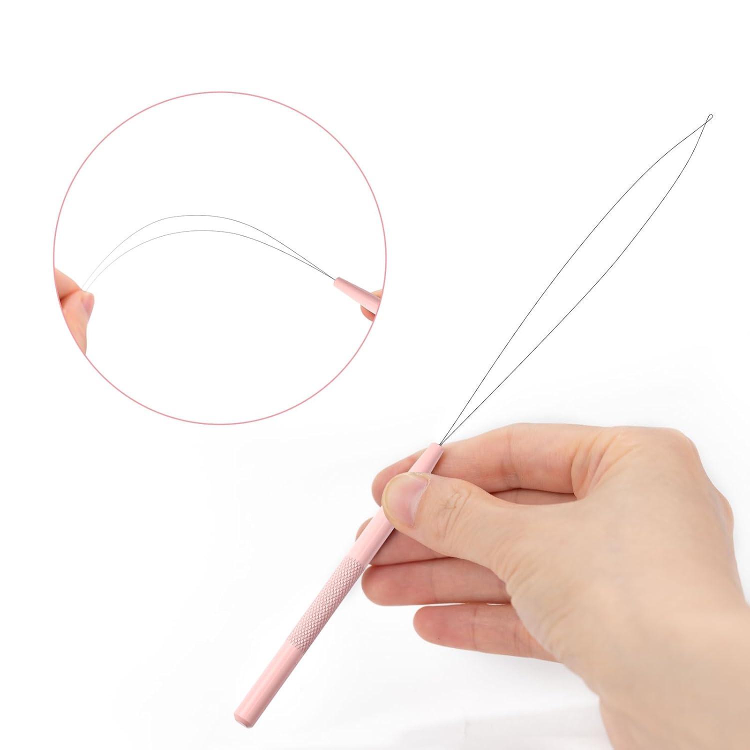 imageNEWISHTOOL Stainless Steel Hair Extension Tool Kit Loop Needle Pulling Hook and Threader Wire Beads Device for Hair Micro Links Hair Kit for Silicone Beads Feathers Hair Extension StylingPink