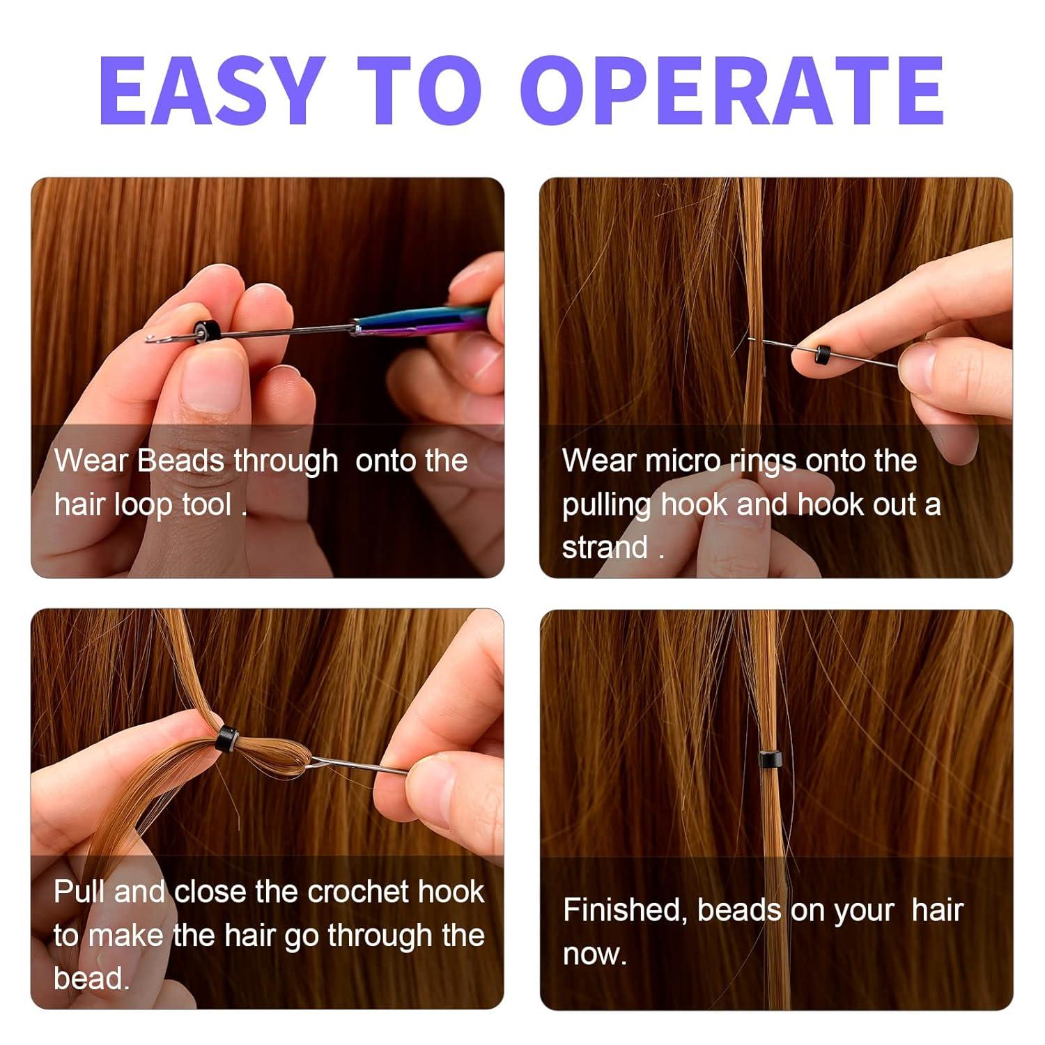 imageNEWISHTOOL Stainless Steel Hair Extension Tool Kit Loop Needle Pulling Hook and Threader Wire Beads Device for Hair Micro Links Hair Kit for Silicone Beads Feathers Hair Extension StylingNeon