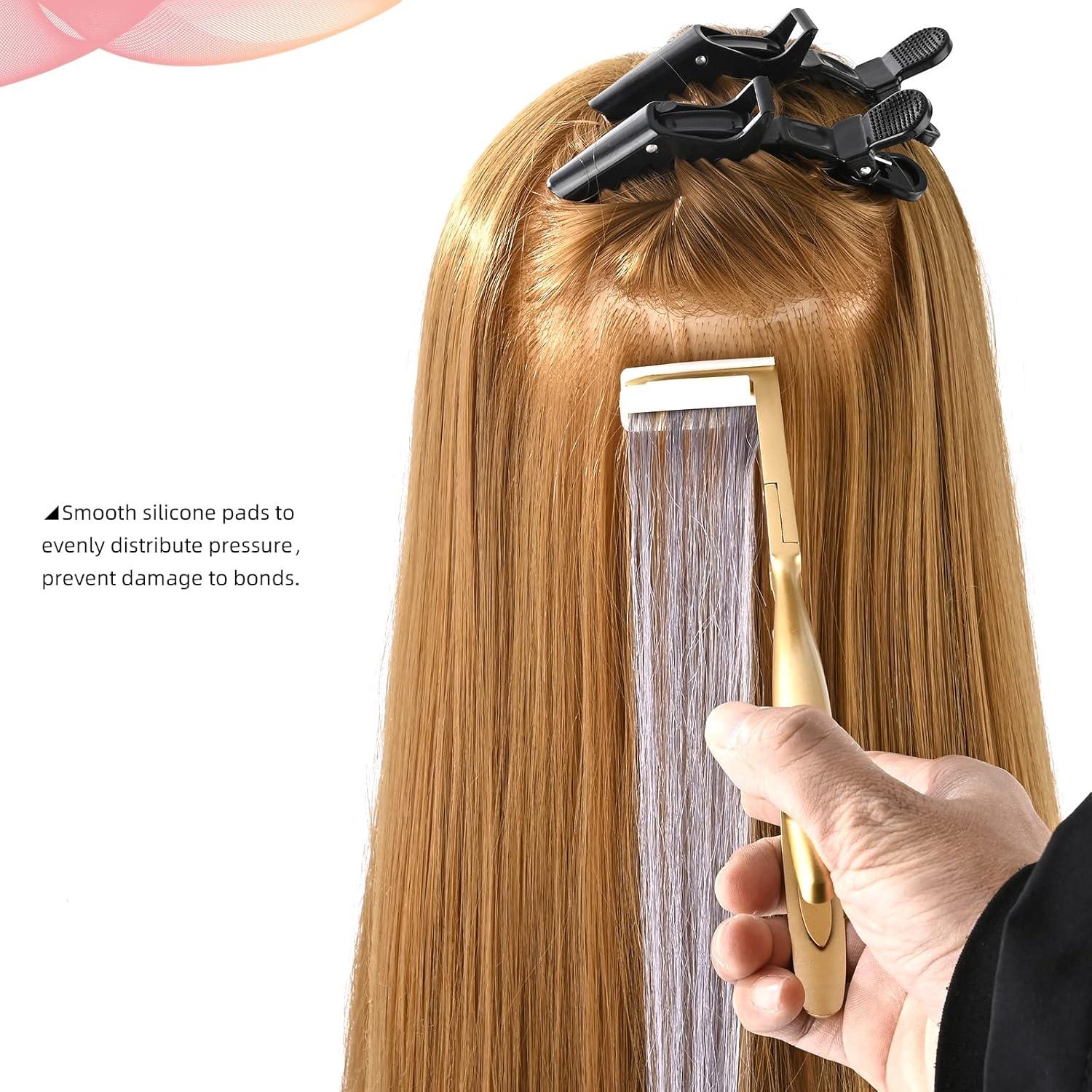 imageNEWISHTOOL Tape in Hair Extension Tools Kit Stainless Steel Tape Sealing Pliers Fine Tail Comb Hair Clips ampamp Pads for Human Hair Extension Tape Sealing Gold Flat Surface Taping Clamp PlierGold
