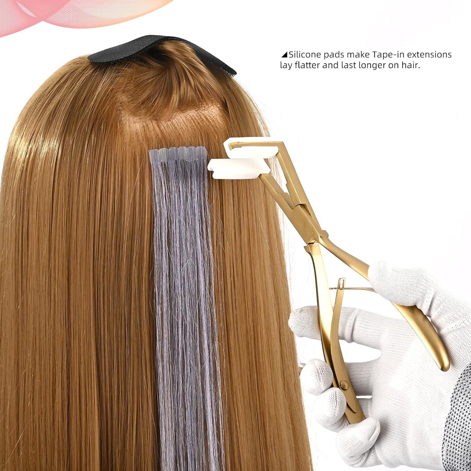 imageNEWISHTOOL Tape in Hair Extension Tools Kit Stainless Steel Tape Sealing Pliers Fine Tail Comb Hair Clips ampamp Pads for Human Hair Extension Tape Sealing Gold Flat Surface Taping Clamp PlierGold