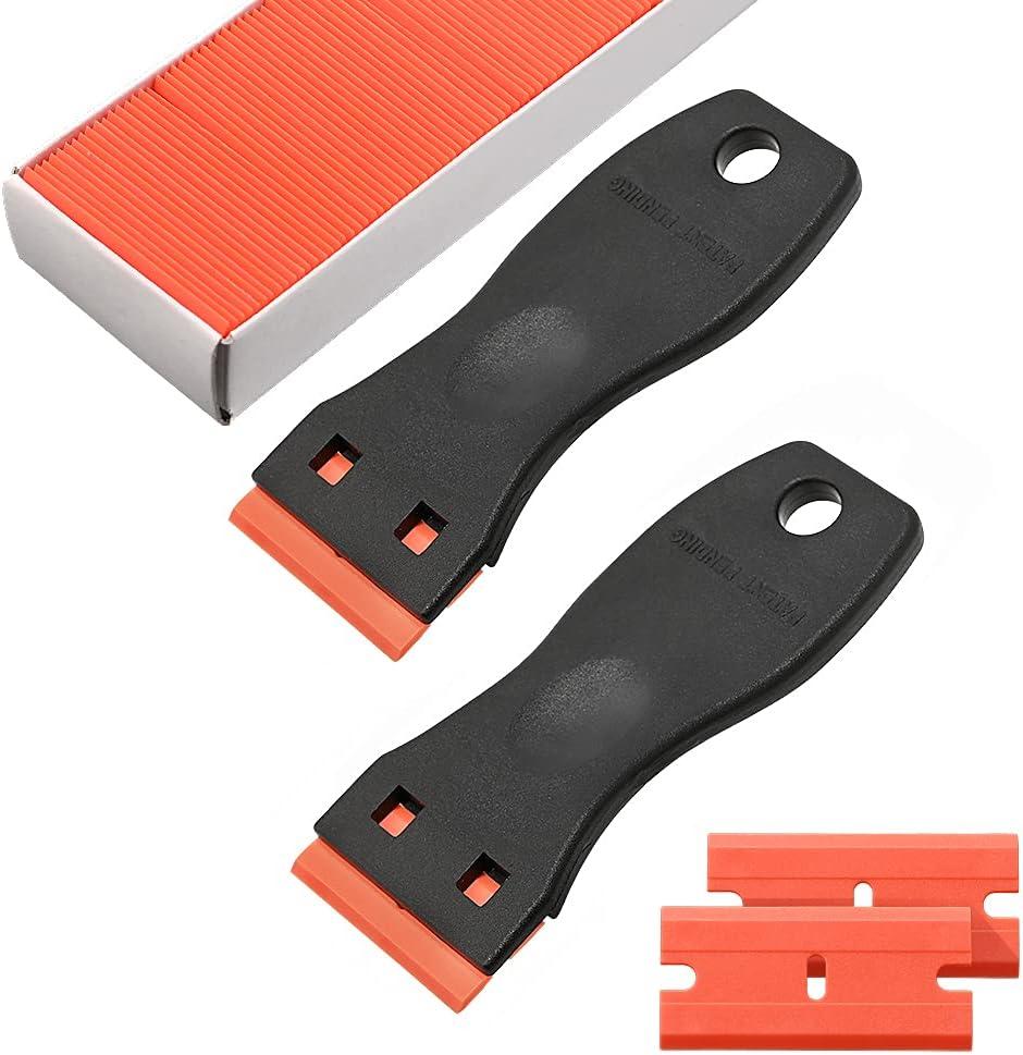 imageSticker Scraper Tool Set include 120 Pcs 15 Inch Plastic Scraper Blades  2 Pcs Plastic Razor Blade Scraper for Auto Vinyl Wrap Window Tint Glass Cleaning Adhesive Glue Paint Remove Plastic Scraper