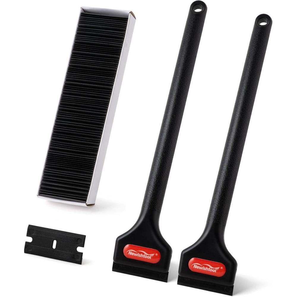 imageNEWISHTOOL 2 Pcs Long Handle Plastic Razor Blade Scraper With 100 PCS Spare Replacement Blades Sticker Remover Glue Residue Tool for Hard to Reach Corner