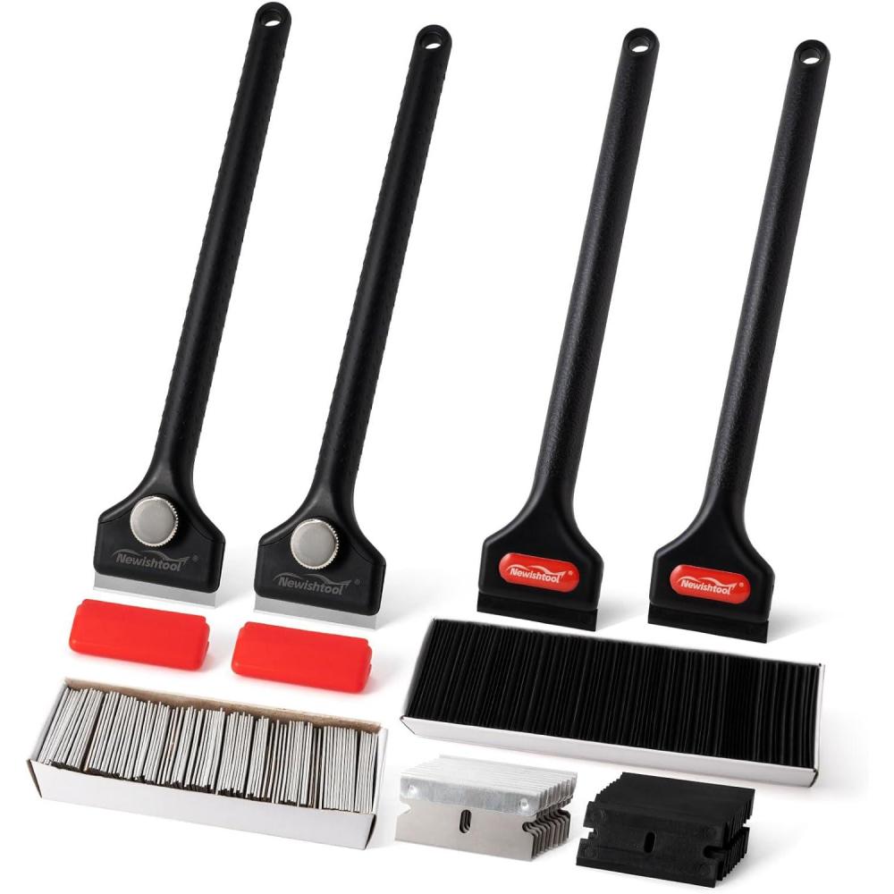 imageNEWISHTOOL 4 Pcs Long Handle Razor Blade Scraper with 100 PCS Plastic Blades and 100 PCS Metal Razor Blades Sticker Remover Glue Residue Scraper Tool Long Reach Razor Scraper for Hard to Reach Corner
