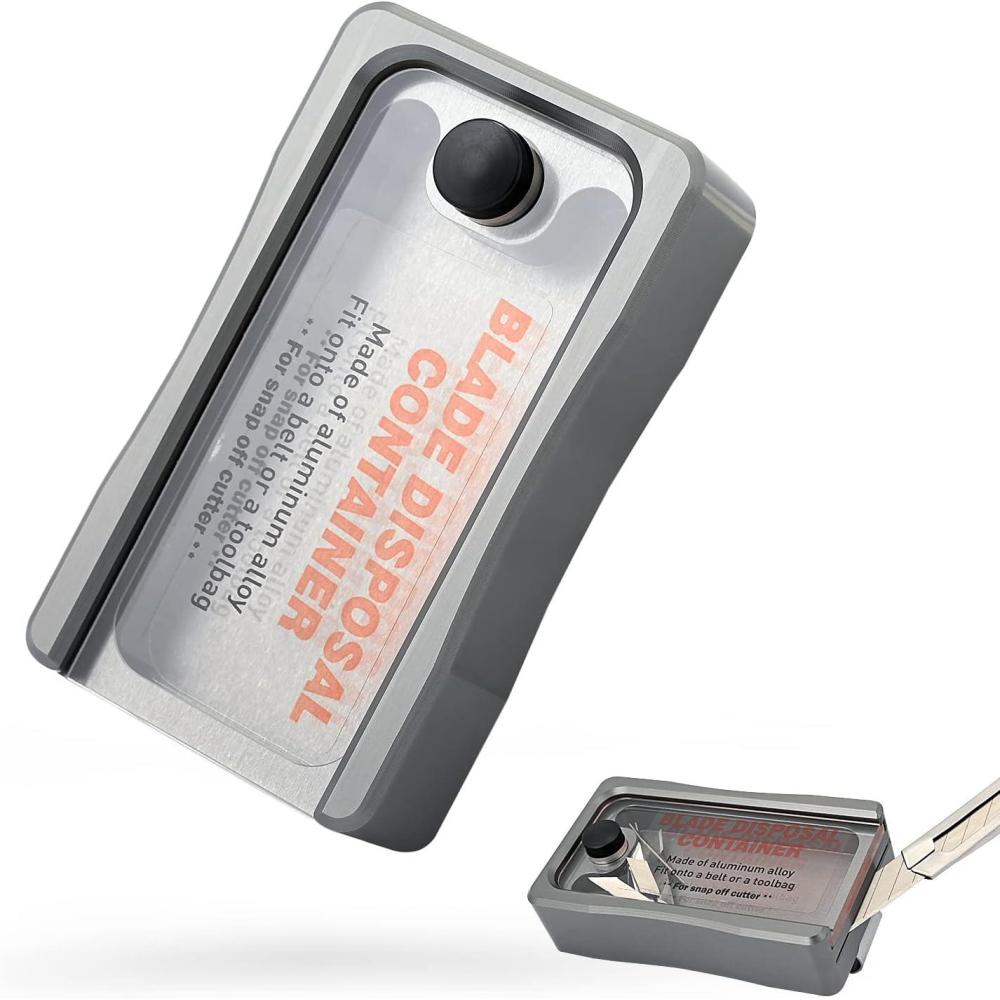 imageNEWISHTOOL Blade Disposal Container Storage Box Safety to Dispose of Most 9mm 18mm Snap Off Utility Knife Blades Portable Plastic Blades Breaker Bank with Magnet and ClipAluminum Alloy