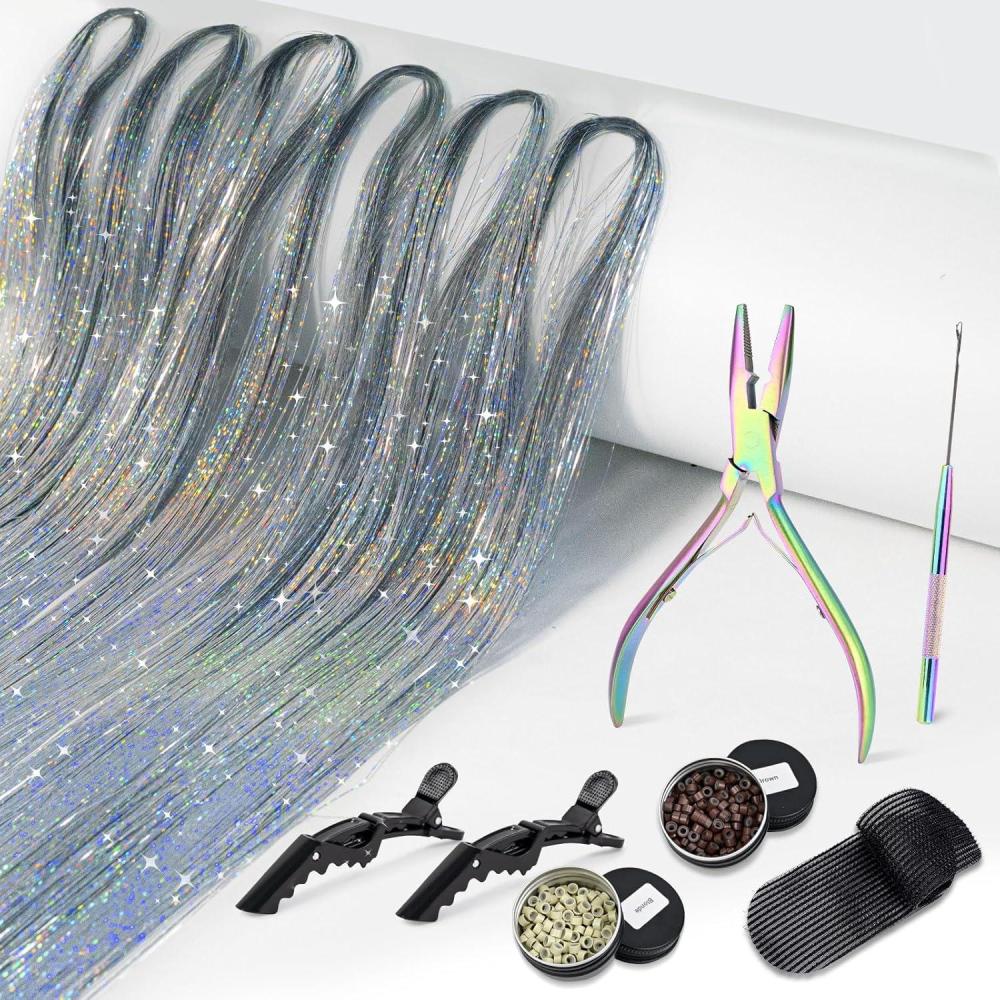 imageNEWISHTOOL Hair Extension Tinsel with Tool Glitter Silver Color 1200 Strands Hair Extension Tinsel Kit Hair Extensions Tool Kit for Women Girls Christmas New Year Halloween Cosplay Party Hair Styling