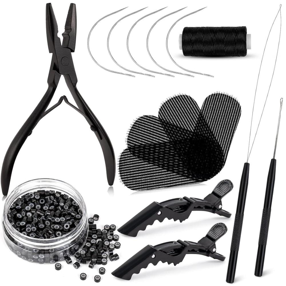 imageNEWISHTOOL Micro Links Hair Extensions Kit Hair Extension Pliers for Beads Hair Extension Loop Needle Pulling Hook Tool Bead Device Tool Kits Micro Link Tools for Hair or Feather Extensions StylingBlack Set