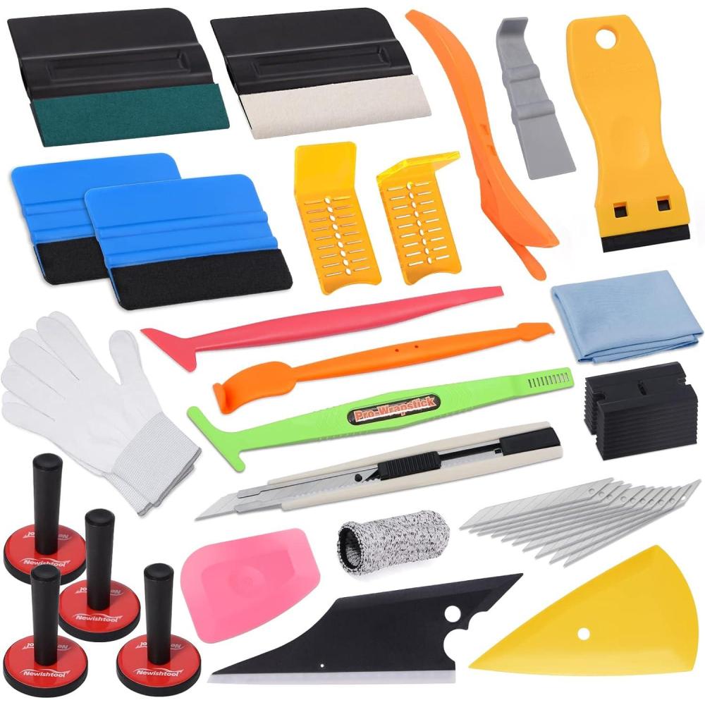imageNEWISHTOOL Pro Vinyl Wraps Applicator Tool Kit Window Tint Film Car Wrapping Tools Includes 164Ft Knife Less Tape Felt Squeegee Plastic Scraper Wrap Knife and Blades Magnet Holders NT026ANT026