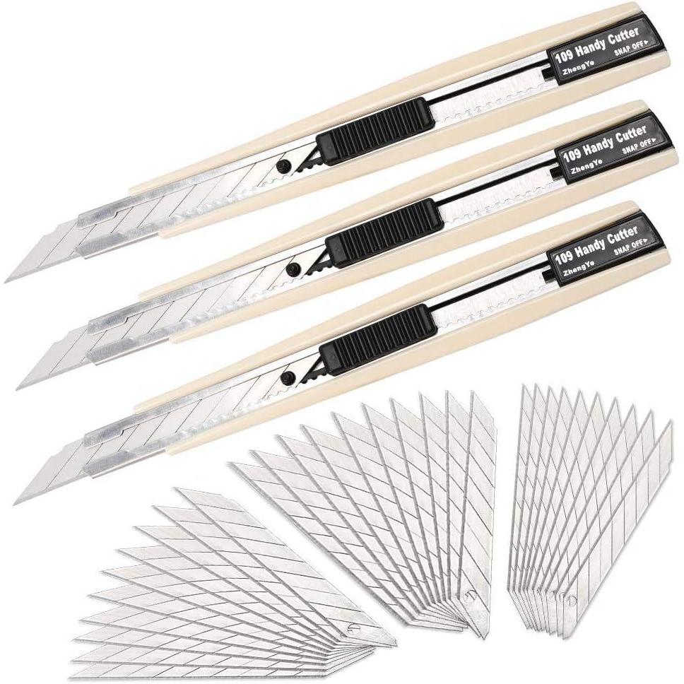 imageNEWISHTOOL Retractable Utility Knife with 30 Degree Snap Off Blade 3 PCS 9mm Box Cutter Knives and 30 PCS Extra Blades Cartons Cardboard Vinyl Paper Cutting Craft Knife Comfortable Handle