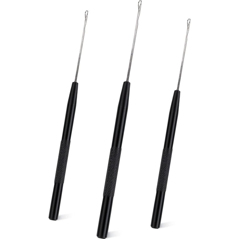 imageNEWISHTOOL Stainless Steel Hair Extension Loop Needle Threader Wire Pulling Hook Tool and Bead Device Tool Micro Link Tool Loop Threader for Hair Silicone Beads Feather Extensions Supplies Pack 3Black