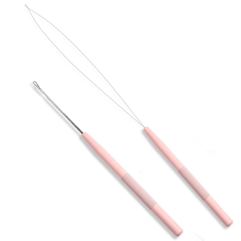 imageNEWISHTOOL Stainless Steel Hair Extension Tool Kit Loop Needle Pulling Hook and Threader Wire Beads Device for Hair Micro Links Hair Kit for Silicone Beads Feathers Hair Extension StylingPink
