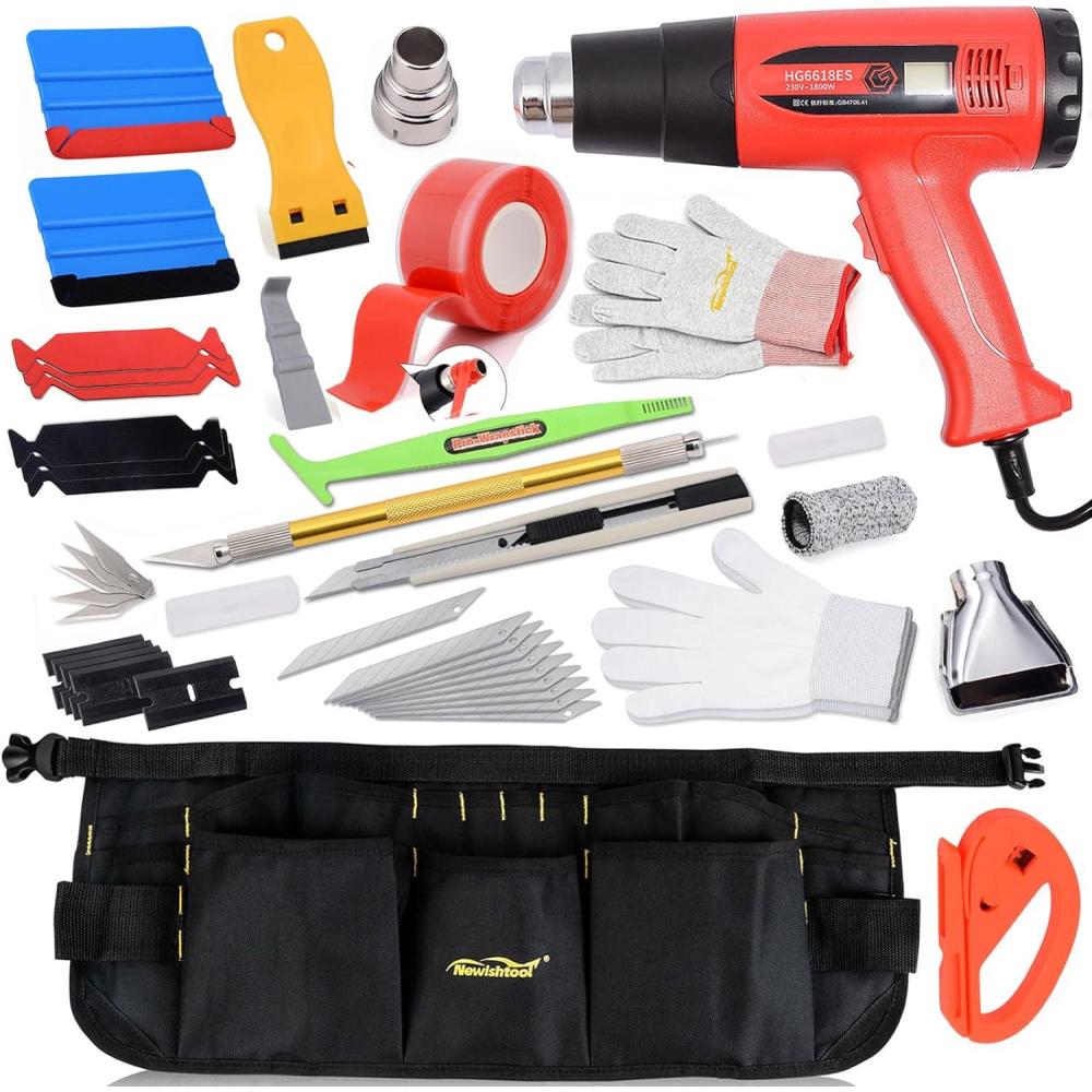 imageNEWISHTOOL Vinyl Wrap Tool Kit with Heat Gun and Apron Pouch Felt Squeegee Knife Gloves Vehicle Car Window Tint Tools Wrap Kit
