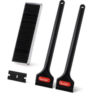 imageNEWISHTOOL 2 Pcs Long Handle Plastic Razor Blade Scraper With 100 PCS Spare Replacement Blades Sticker Remover Glue Residue Tool for Hard to Reach Corner
