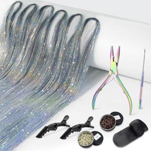 imageNEWISHTOOL Hair Extension Tinsel with Tool Glitter Silver Color 1200 Strands Hair Extension Tinsel Kit Hair Extensions Tool Kit for Women Girls Christmas New Year Halloween Cosplay Party Hair Styling